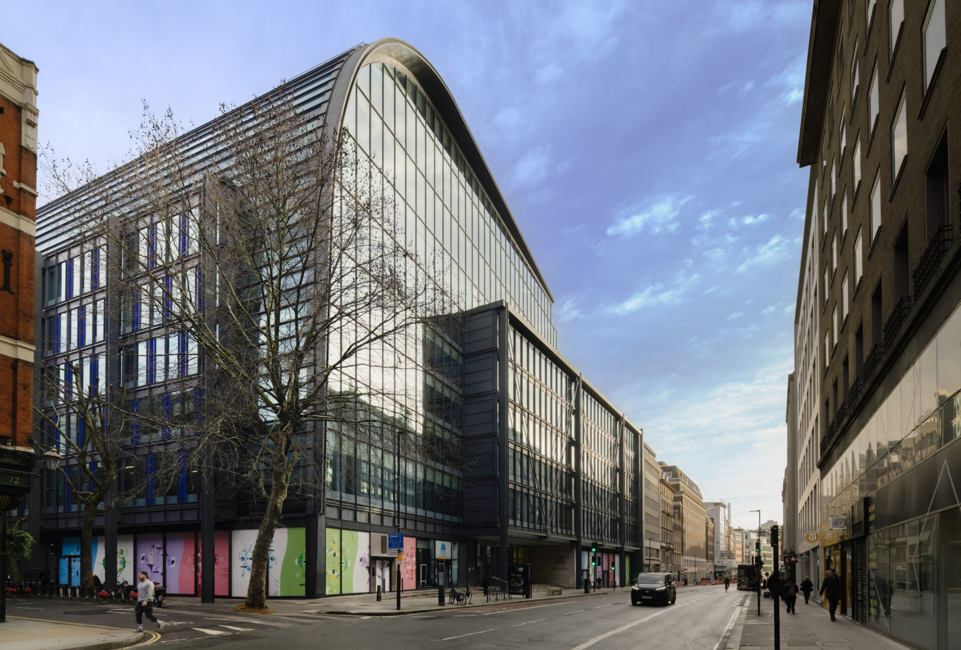 An office building with a glazed facade