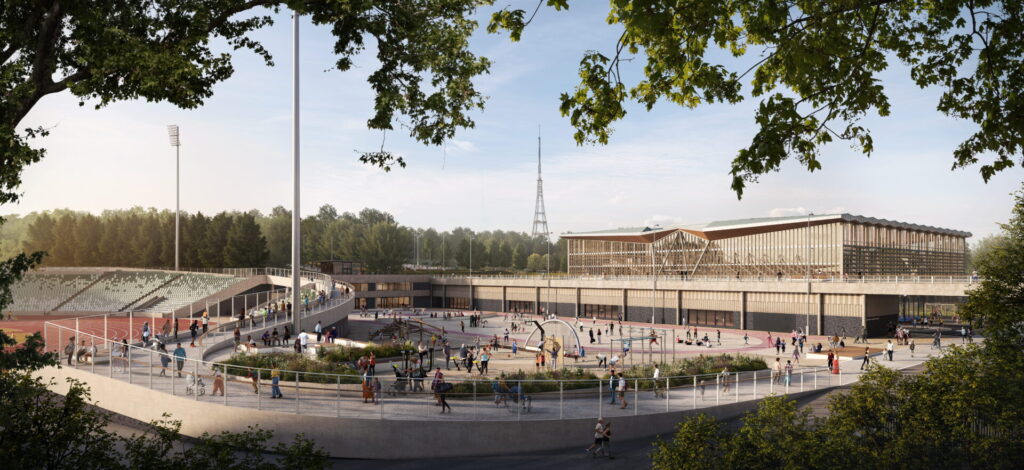 CGI of a sports facility featuring a stadium and running track filled with lots of people