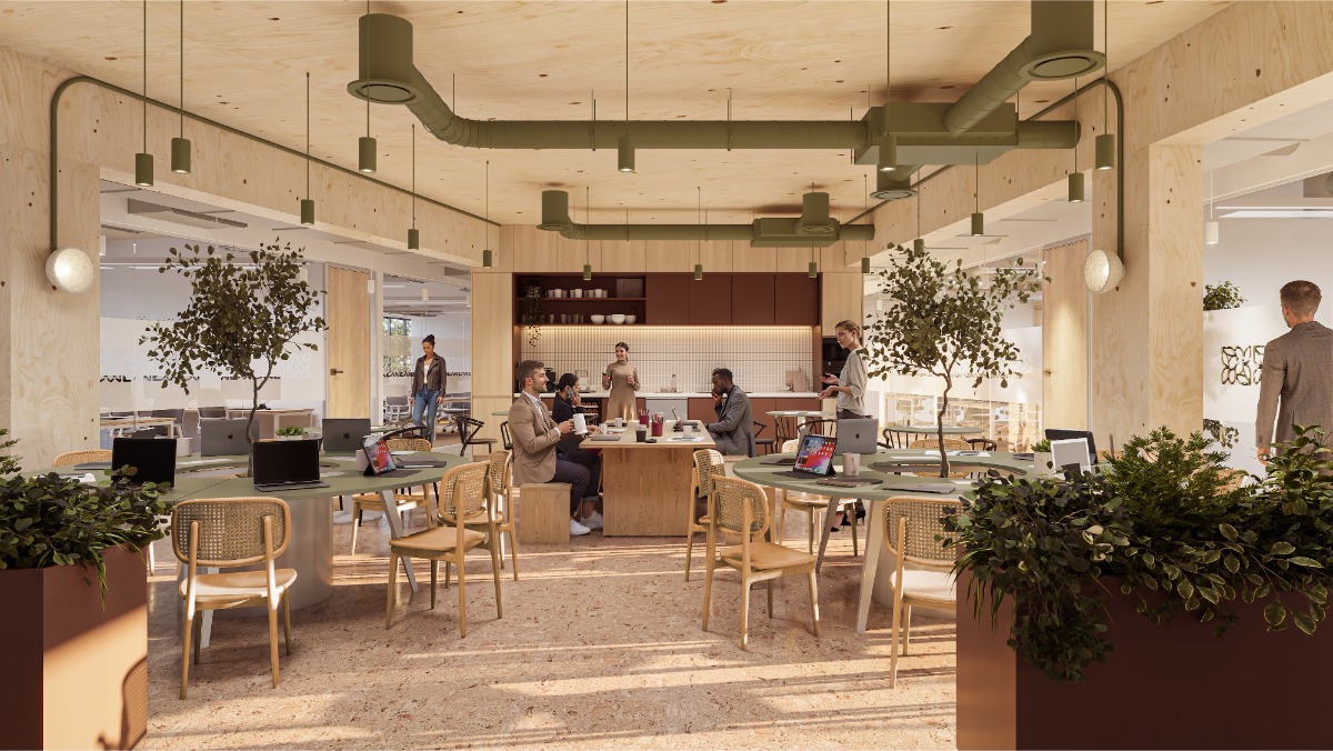 CGI image of a modern office environment featuring tables and chairs and a coffee area