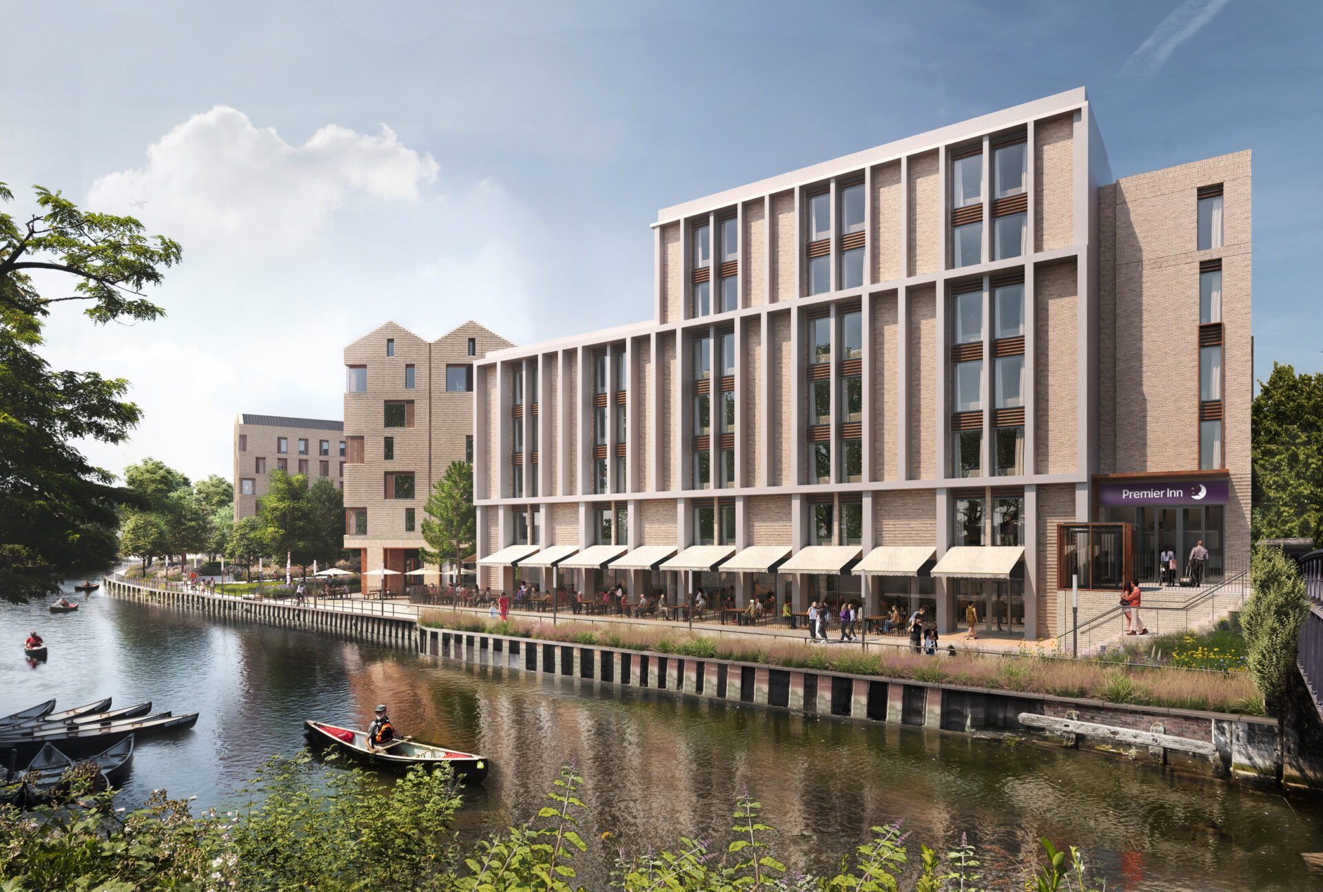 CGI of a modern new building situated on a riverbank