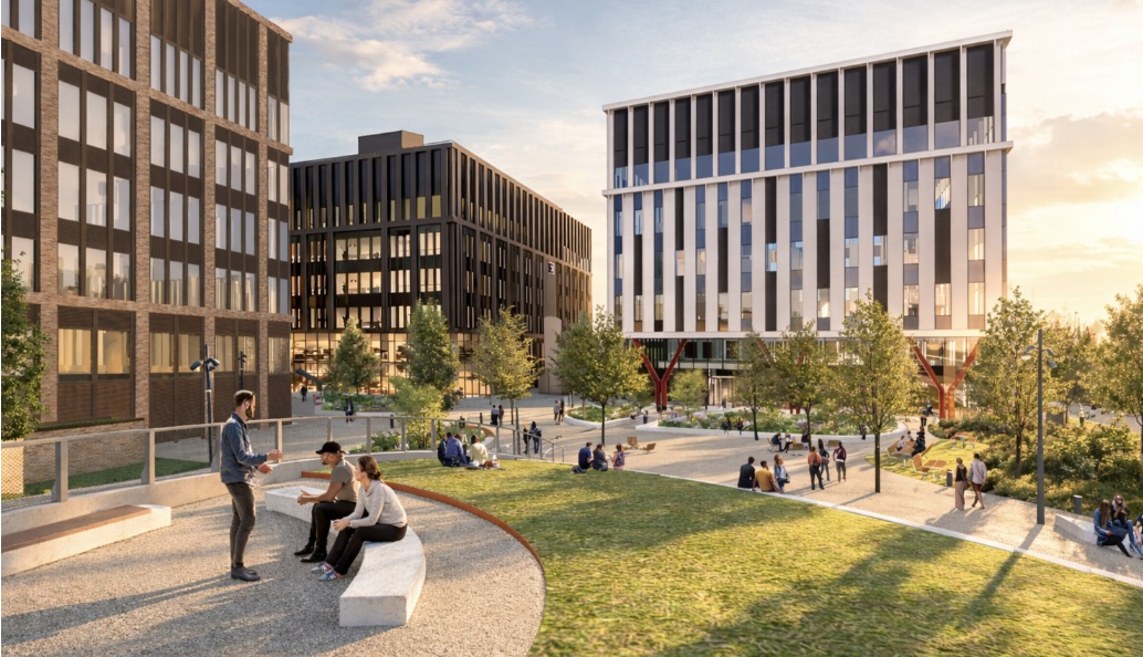 CGI of a series of low rise buildings with public realm and green space in the foreground