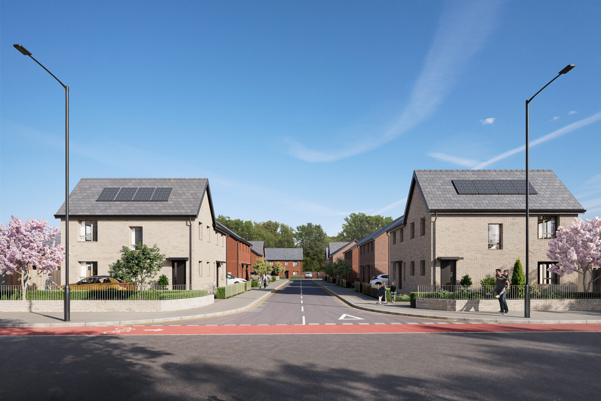 CGI image of a housing development with two homes flanking a main road