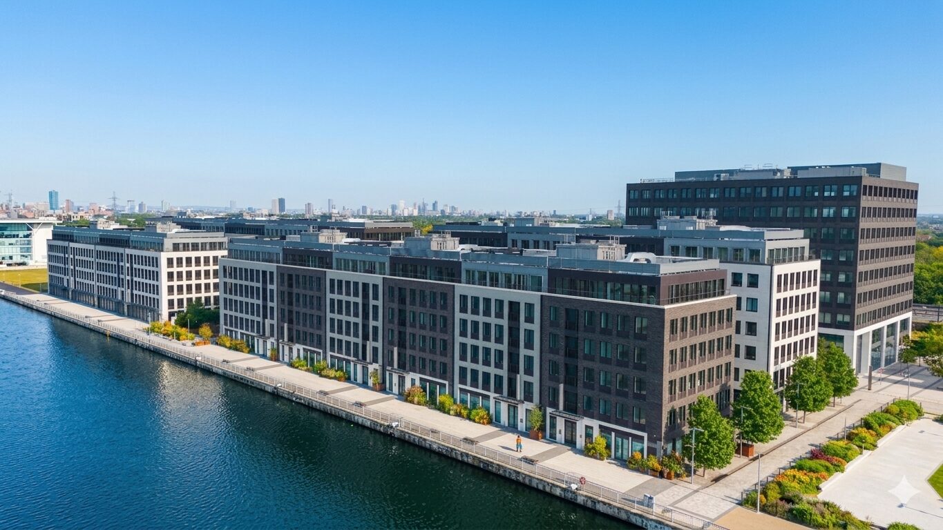 A large fairly low rise building at Royal Albert Docks in East London with the docks to the front of the building
