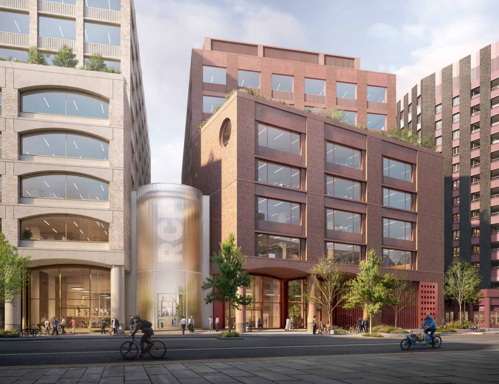 CGI of the proposed Royal College Place development in London featuring two fairly low rise buildings with a main road in front