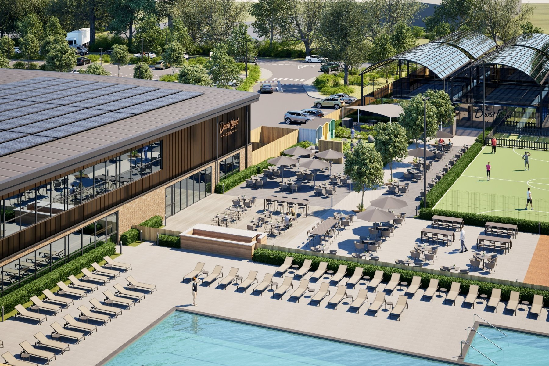 CGI image of a David Lloyd health club featuring a swimming pool and padel courts