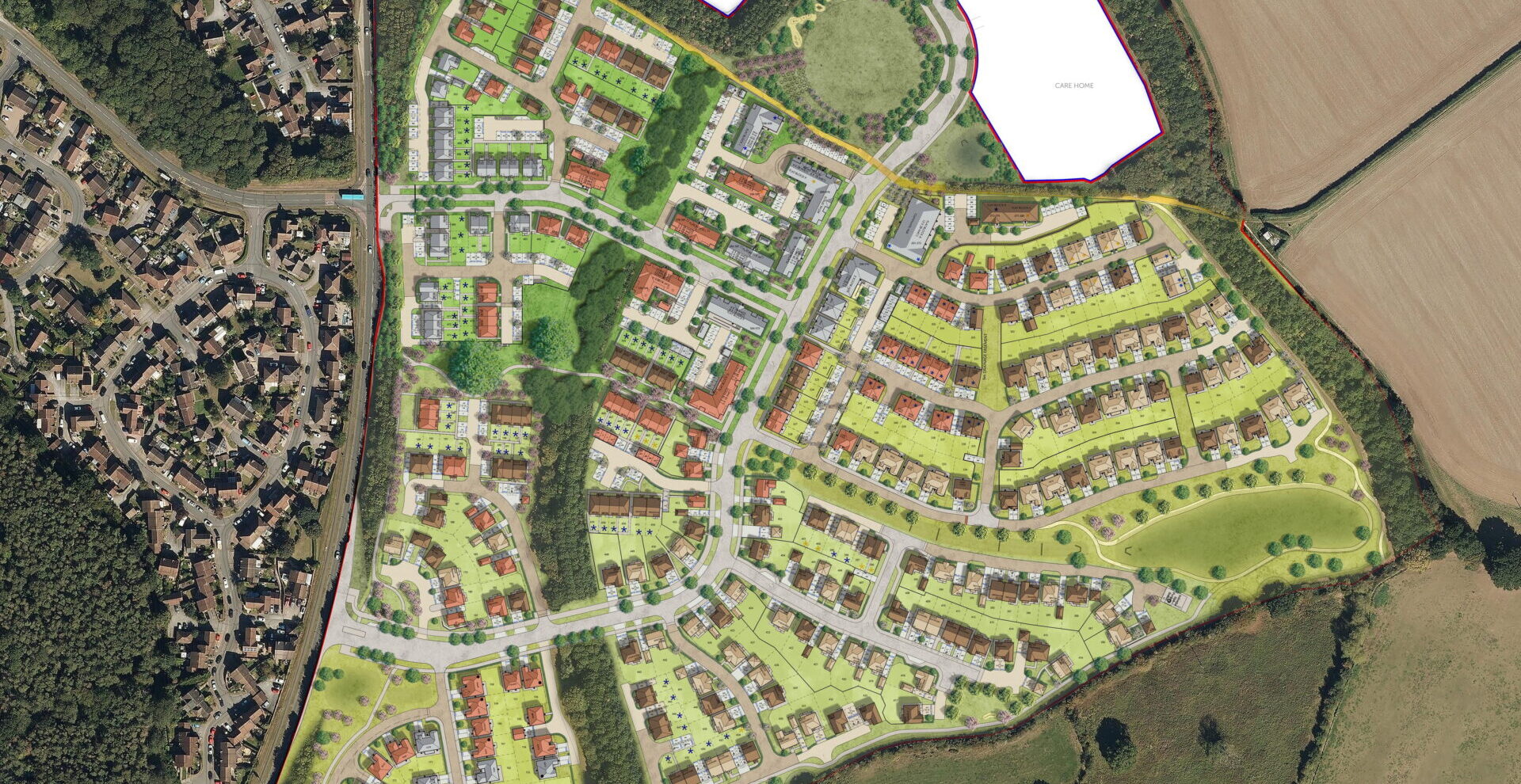 CGI aerial view of a new residential development surrounded by fields