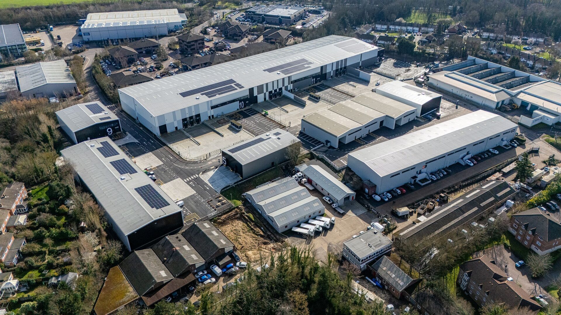 Aerial view of Hertford Logistics Hub which comprises a series of different sized warehouses