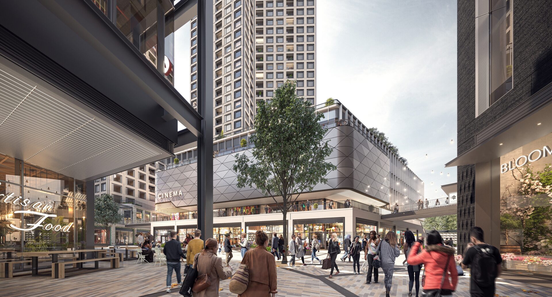 CGI of a series of buildings of varying heights with a cinema in the middle