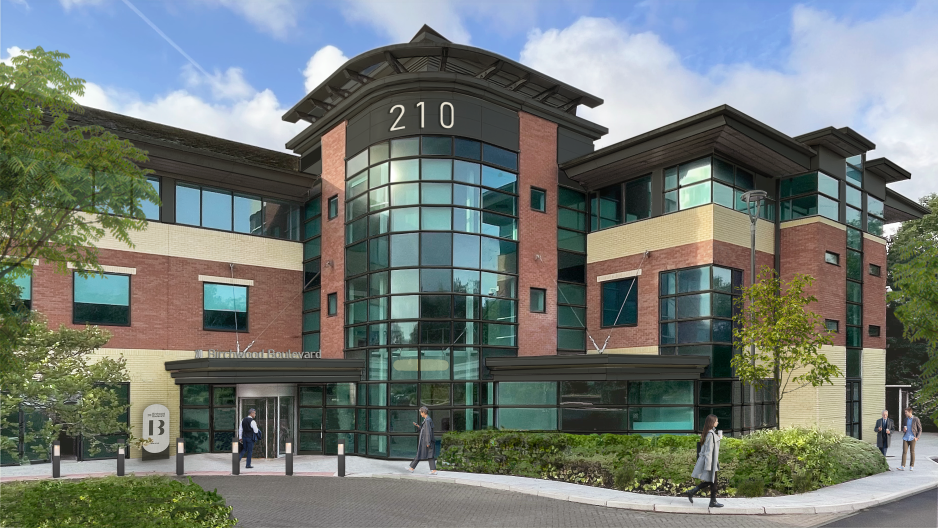 CGI of a modern brick and glass office building with public realm and pavements at the front