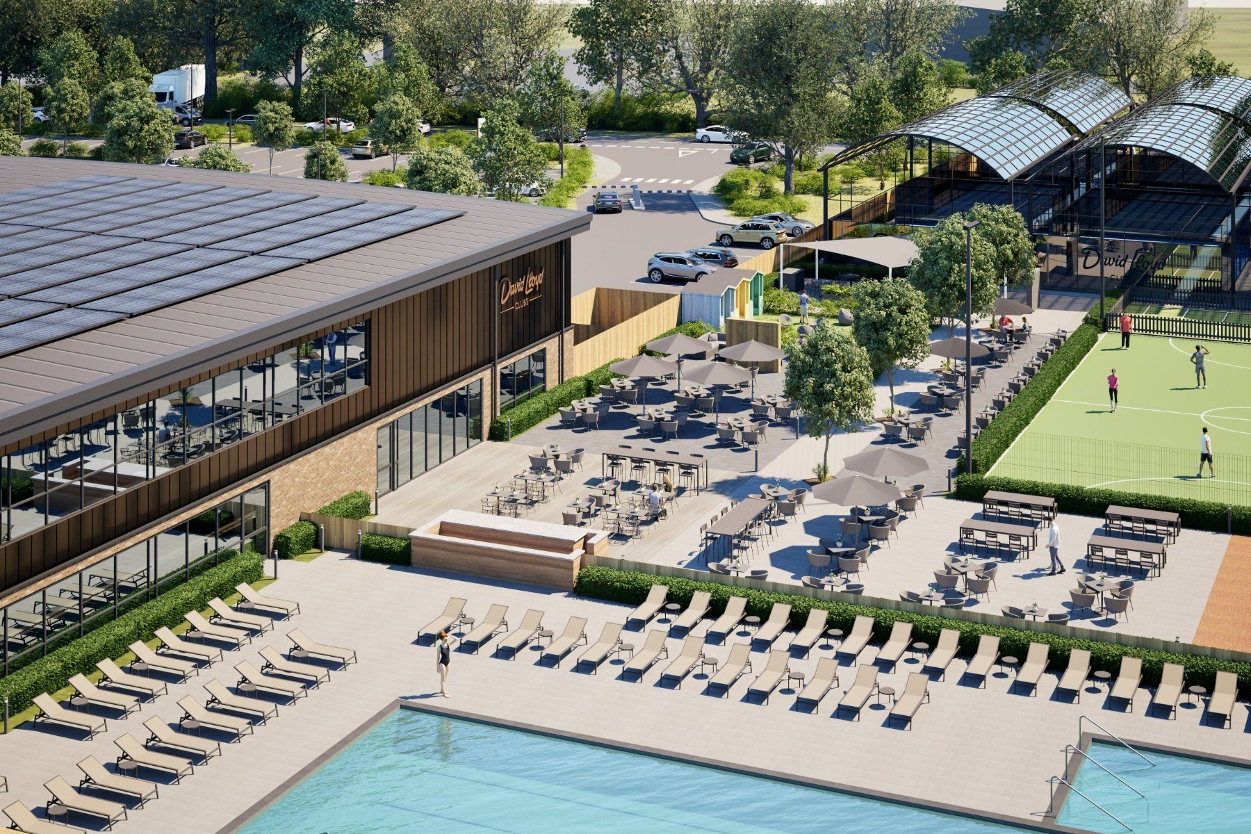 CGI image of a David Lloyd health club featuring a swimming pool and padel courts