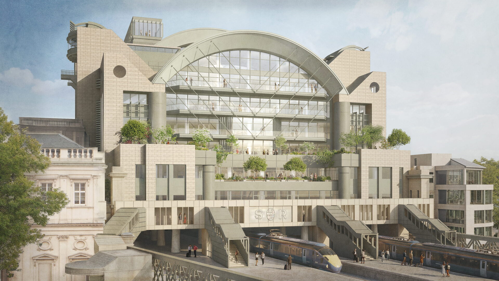 CGI image of an ornate building above a train station