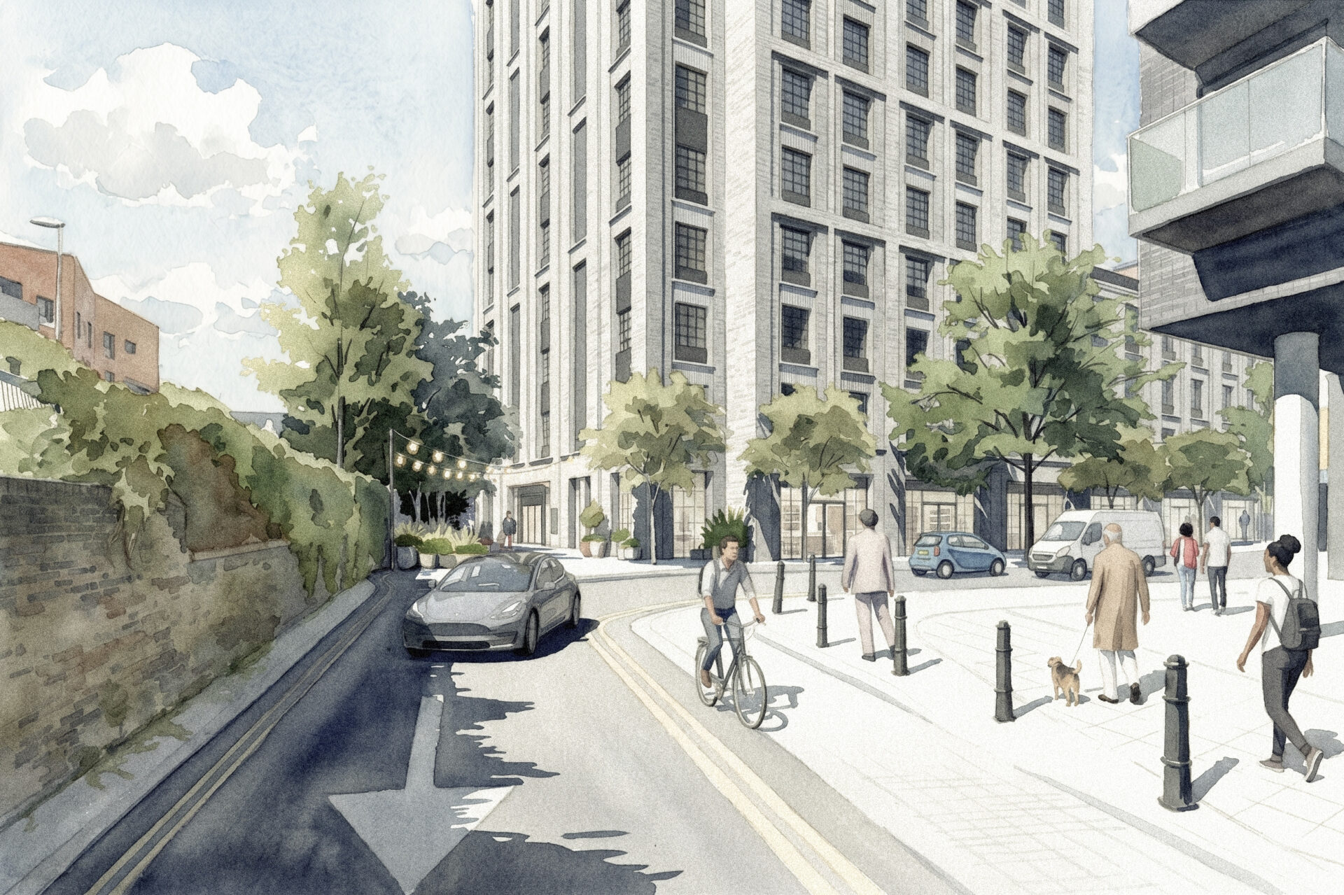 Architect's drawing of a street scene with a large building in the background
