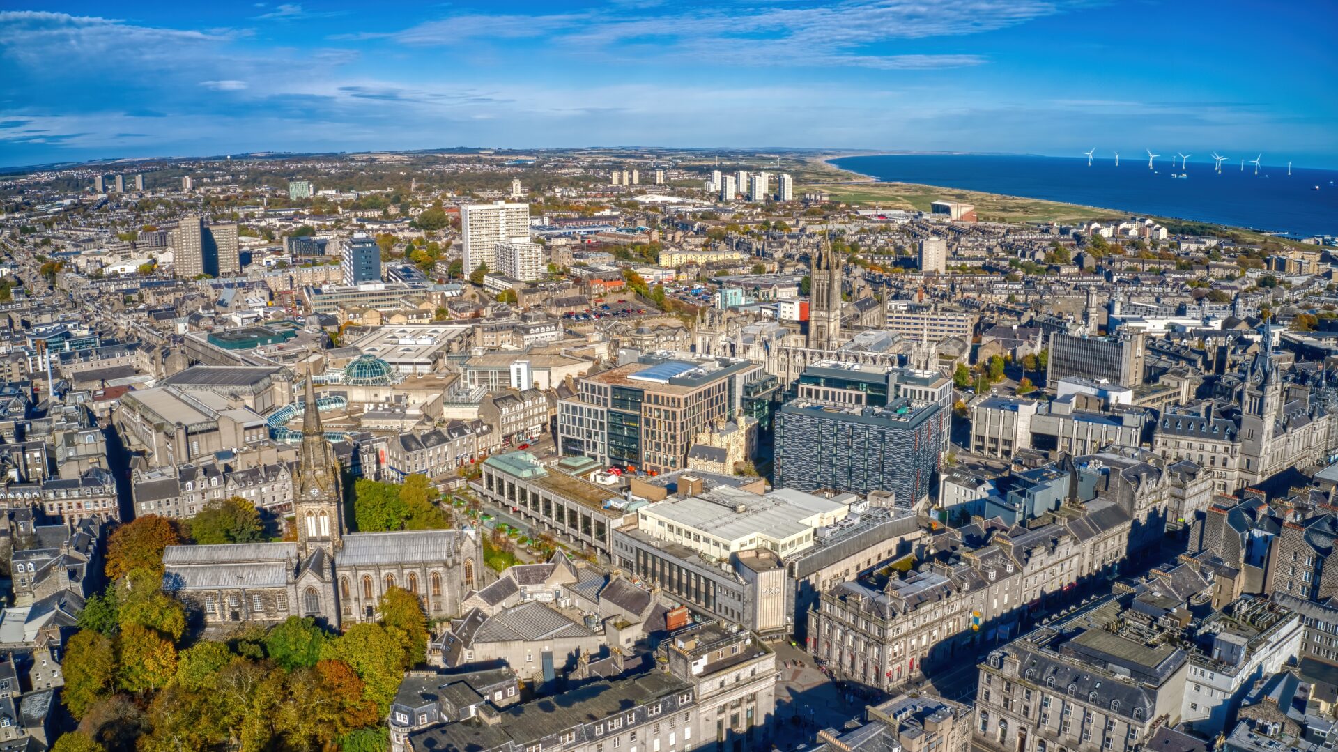 Aerial view of Aberdeen city centre featuring lots of shops, offices and homes