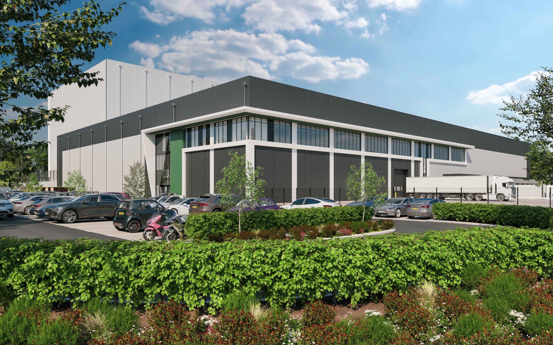 CGI of an industrial building with car parking and green planting in front