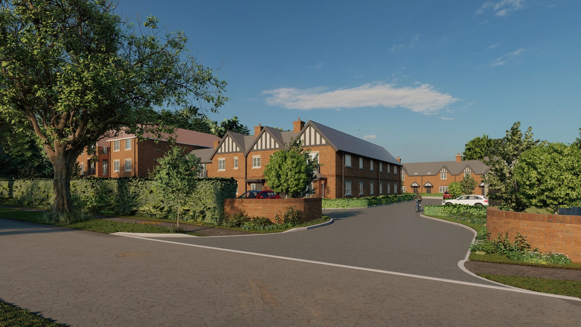 CGI of a housing development with a road leading into the middle of the scheme