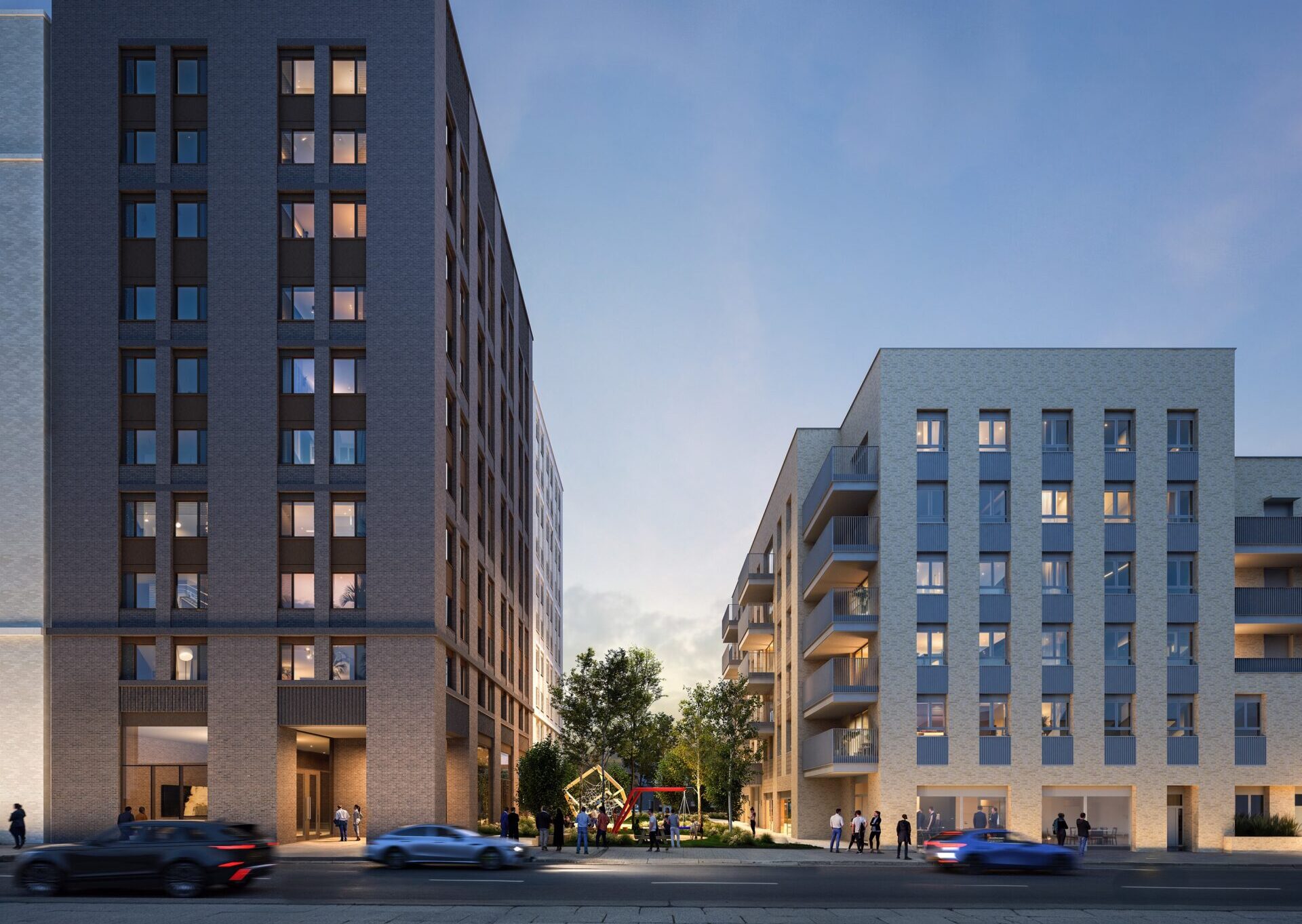 CGI of two buildings at dusk