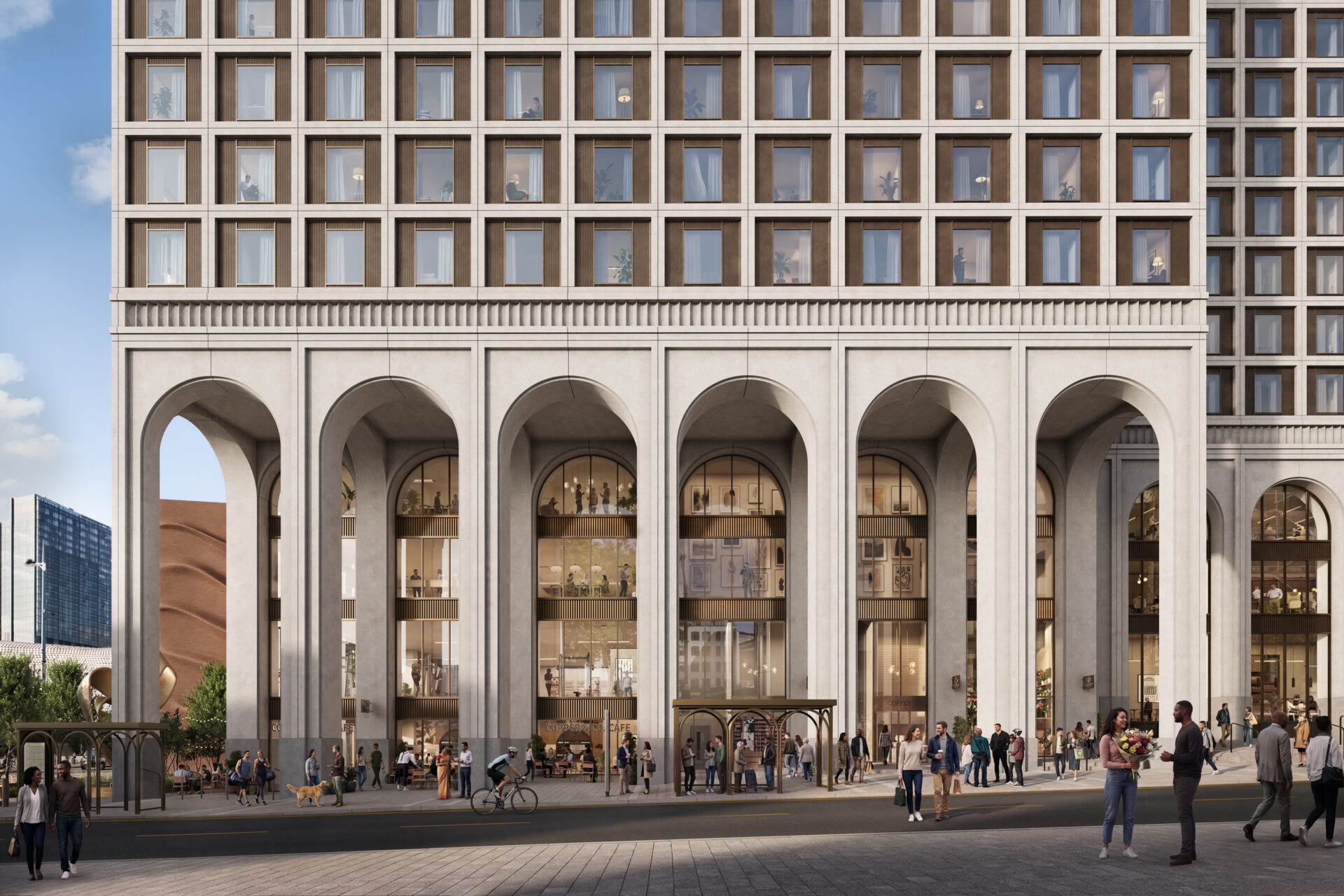 CGI image of a building with colonnades on the ground floor and a series of windows above