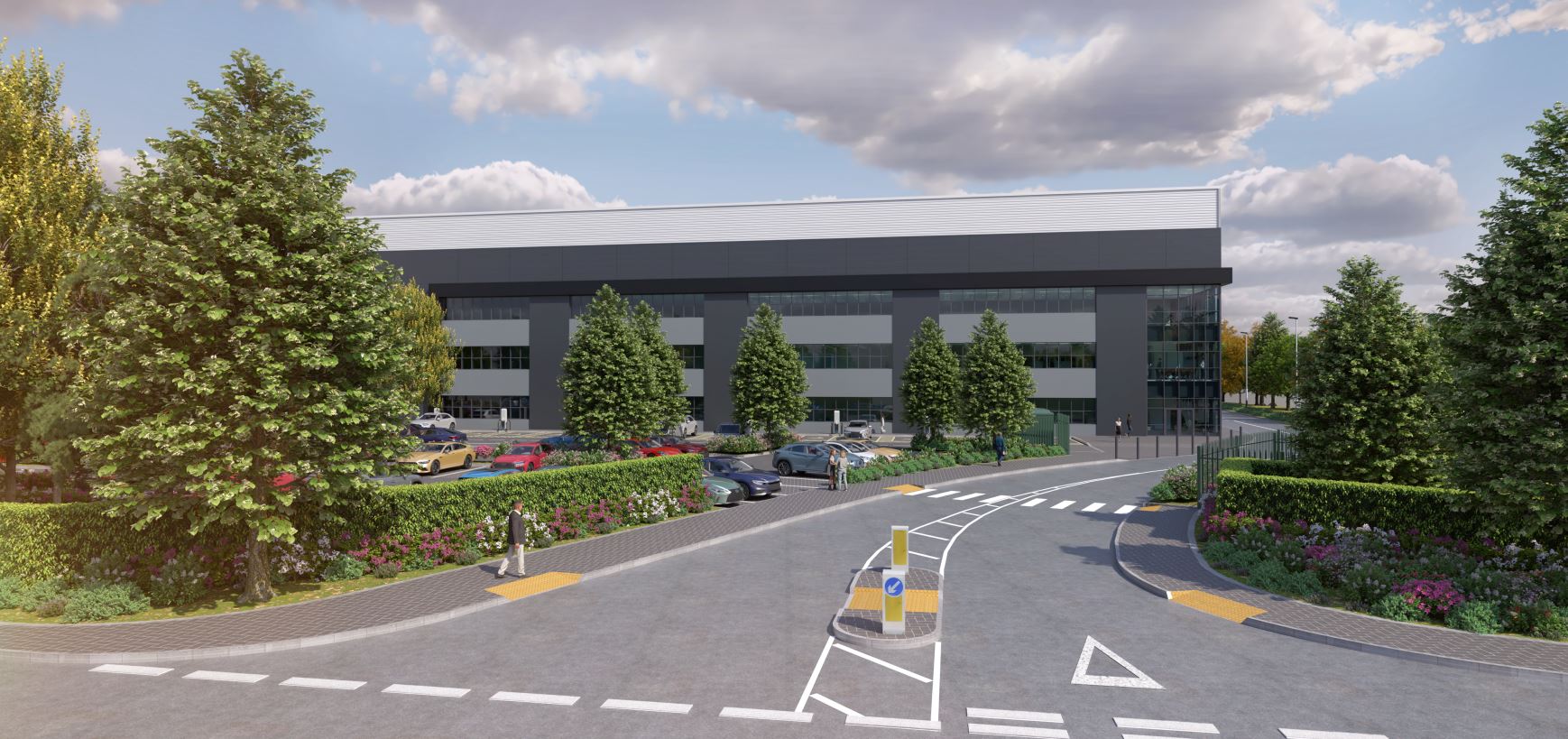CGI of an industrial building with a main road leading up to it