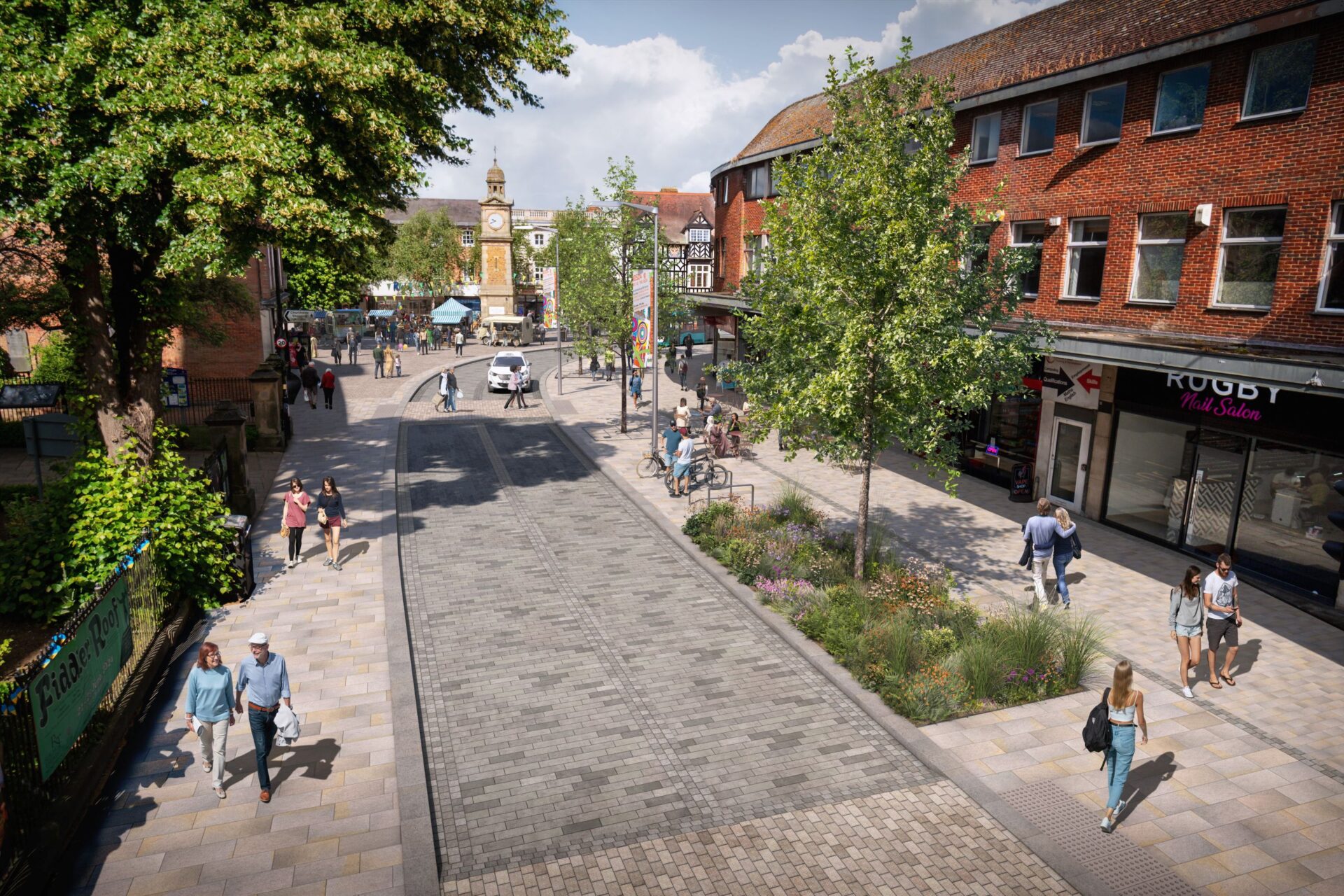 CGI of a tree-lined street with a parade of shops