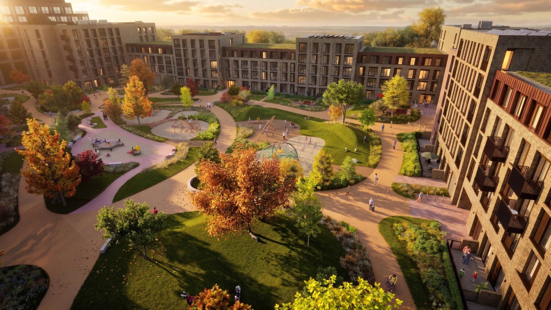 CGI image of a series of interlinked buildings with a large gardened area in the middle