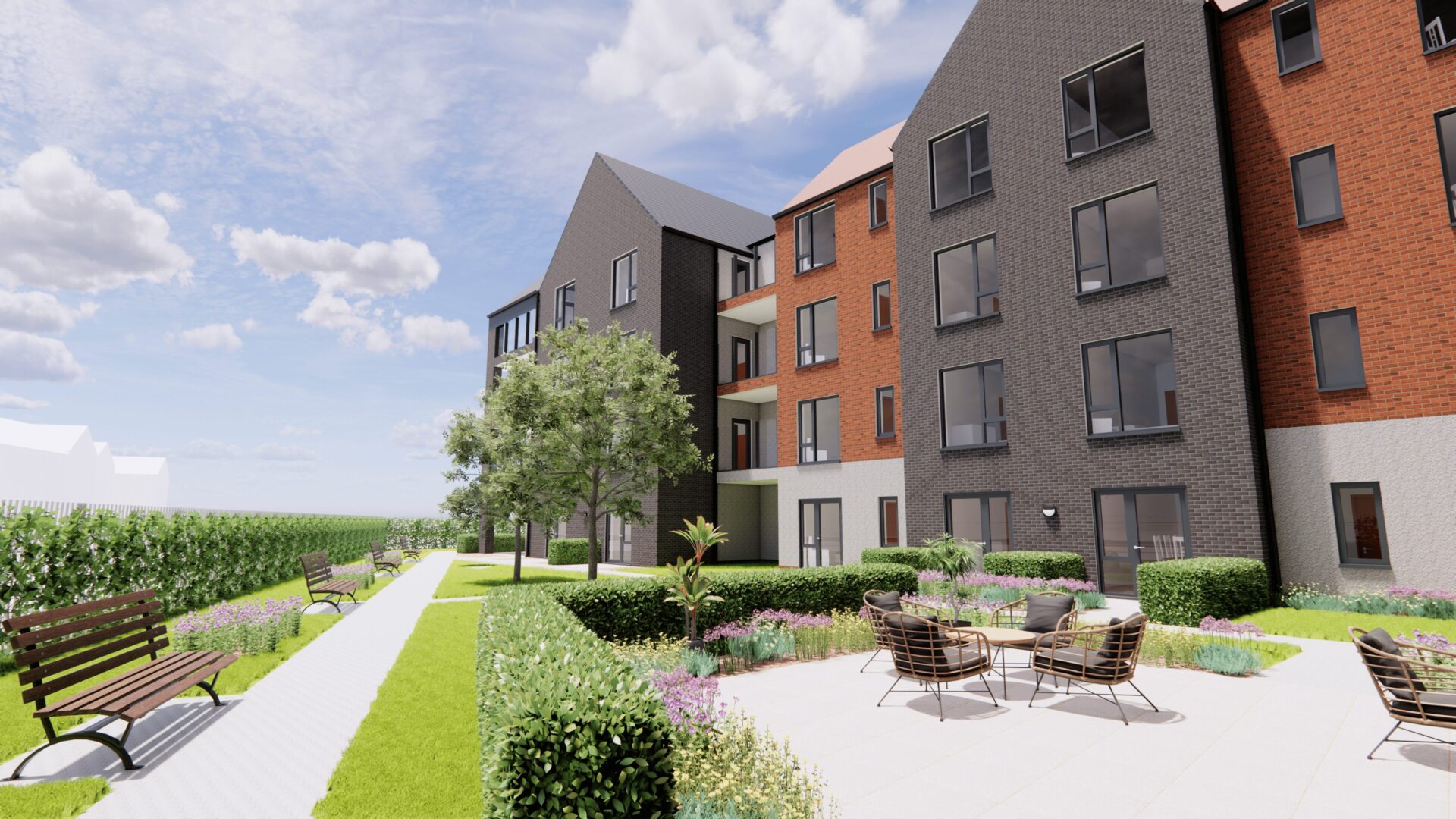 CGI image showing the exterior of a building with a seated area in the foreground and green fields to the left