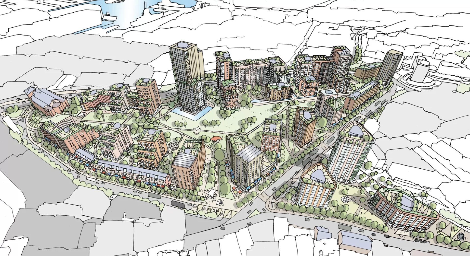 Aerial view of a CGI development