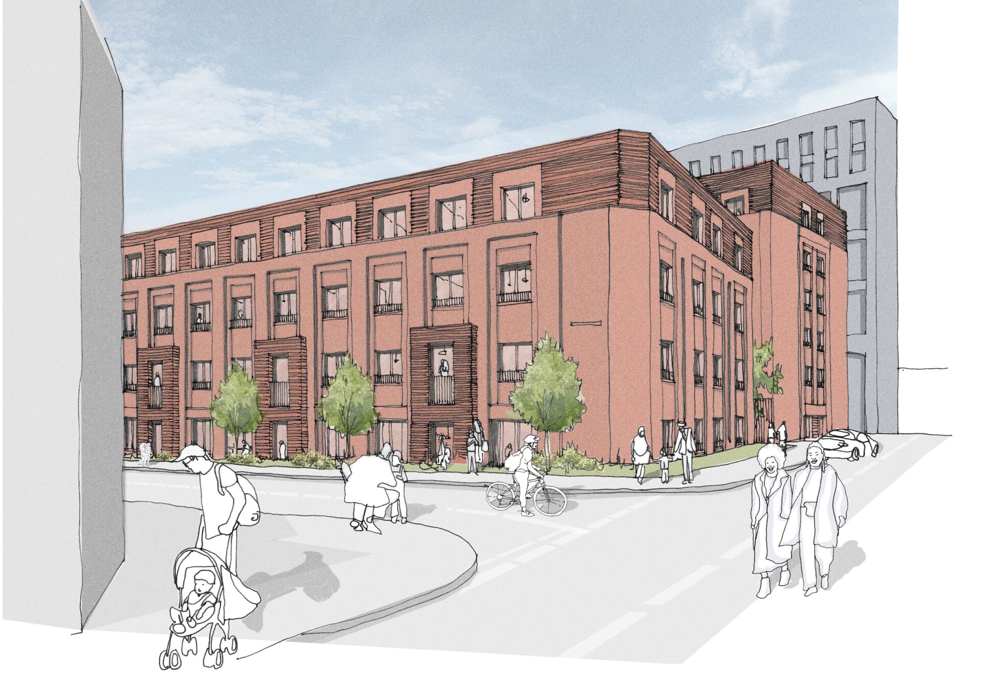 CGI of a brown brick building