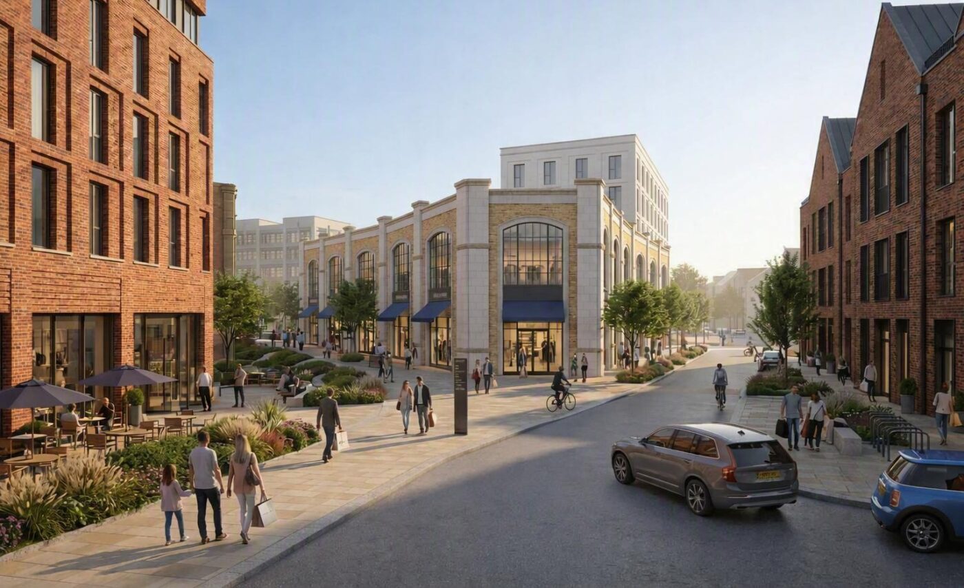 CGI image of a series of modern brick buildings with a road running through the middle of the development