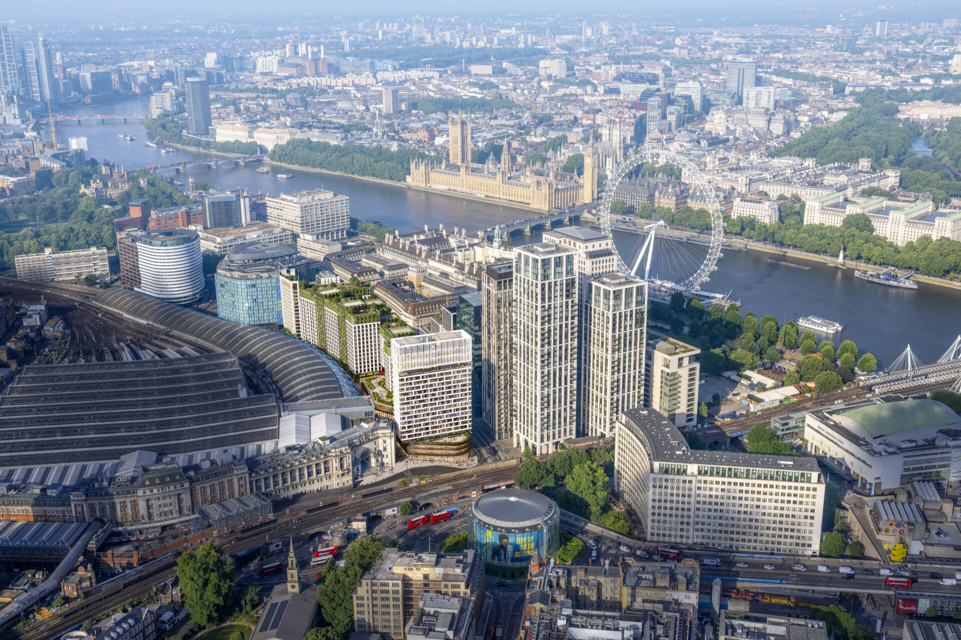 CGI aerial view of a new development near Waterloo station with the London Eye and Houses of Parliament in the background