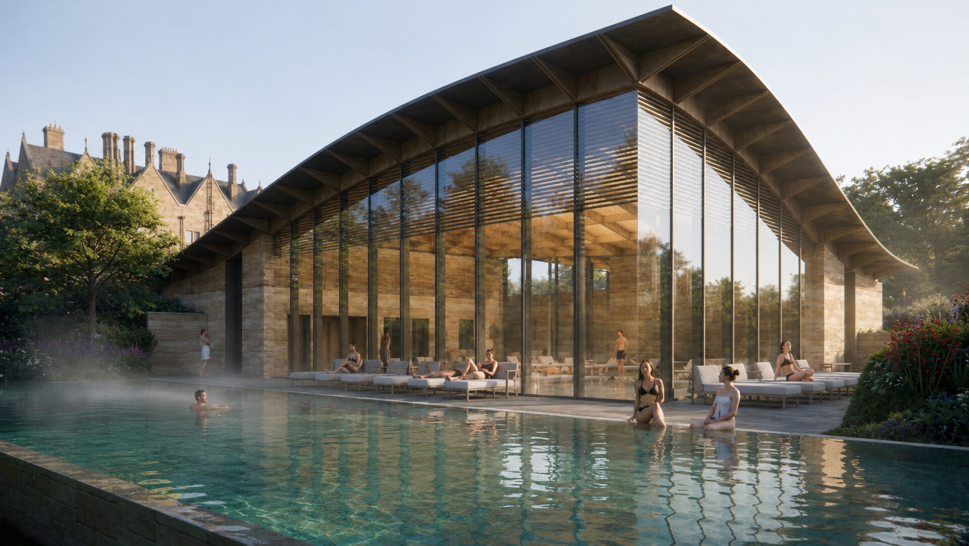 A large swimming pool in front of a glass built building