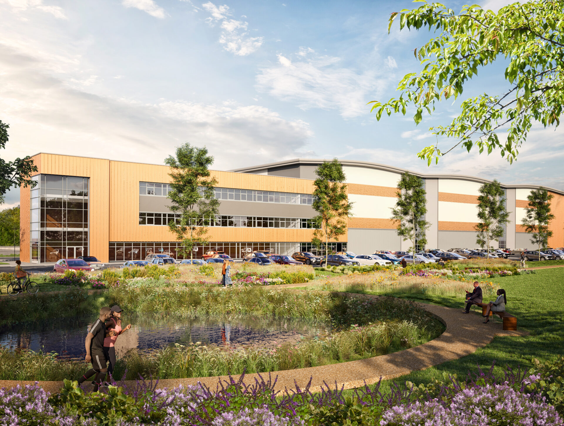 CGI of a low rise building with plants and trees in the foreground