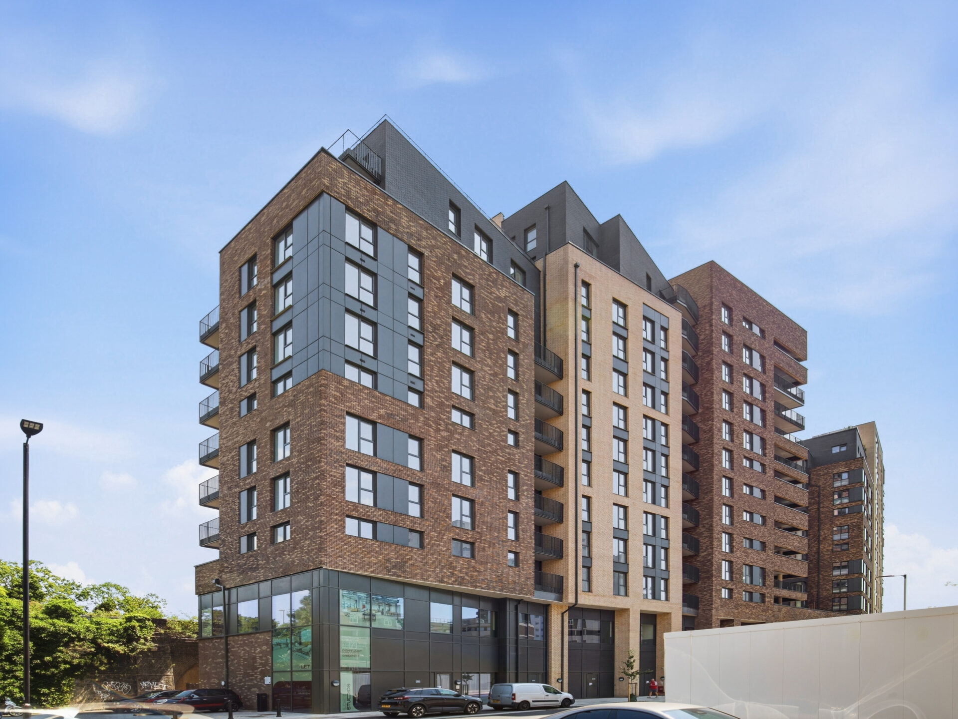 A row of high rise brick clad buildings