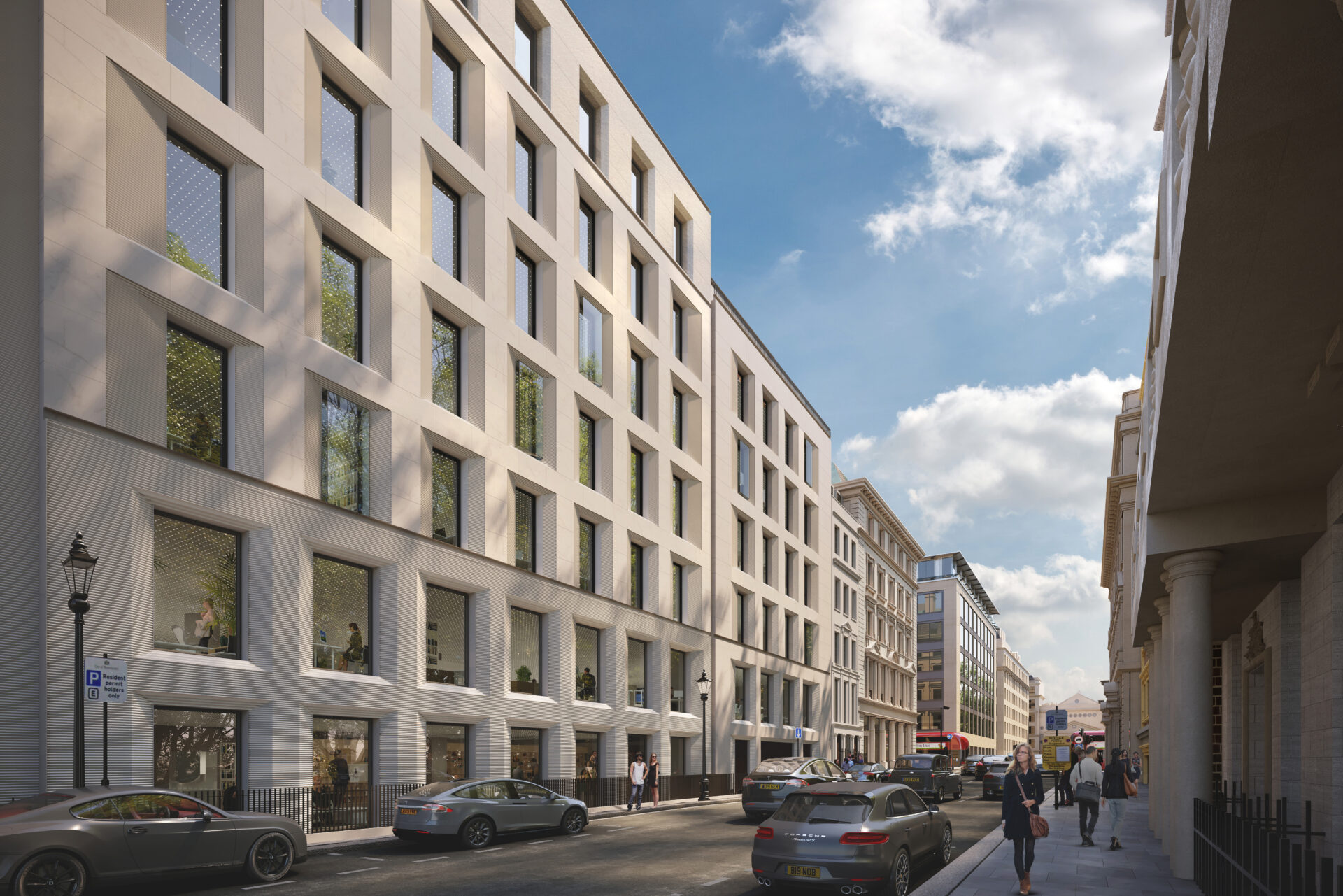 CGI of a street scene with a large office building running down the left hand side of the road