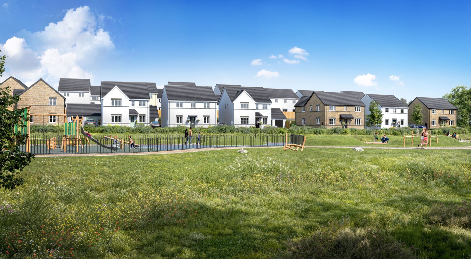CGI image of a row of houses with green fields and a play area in front