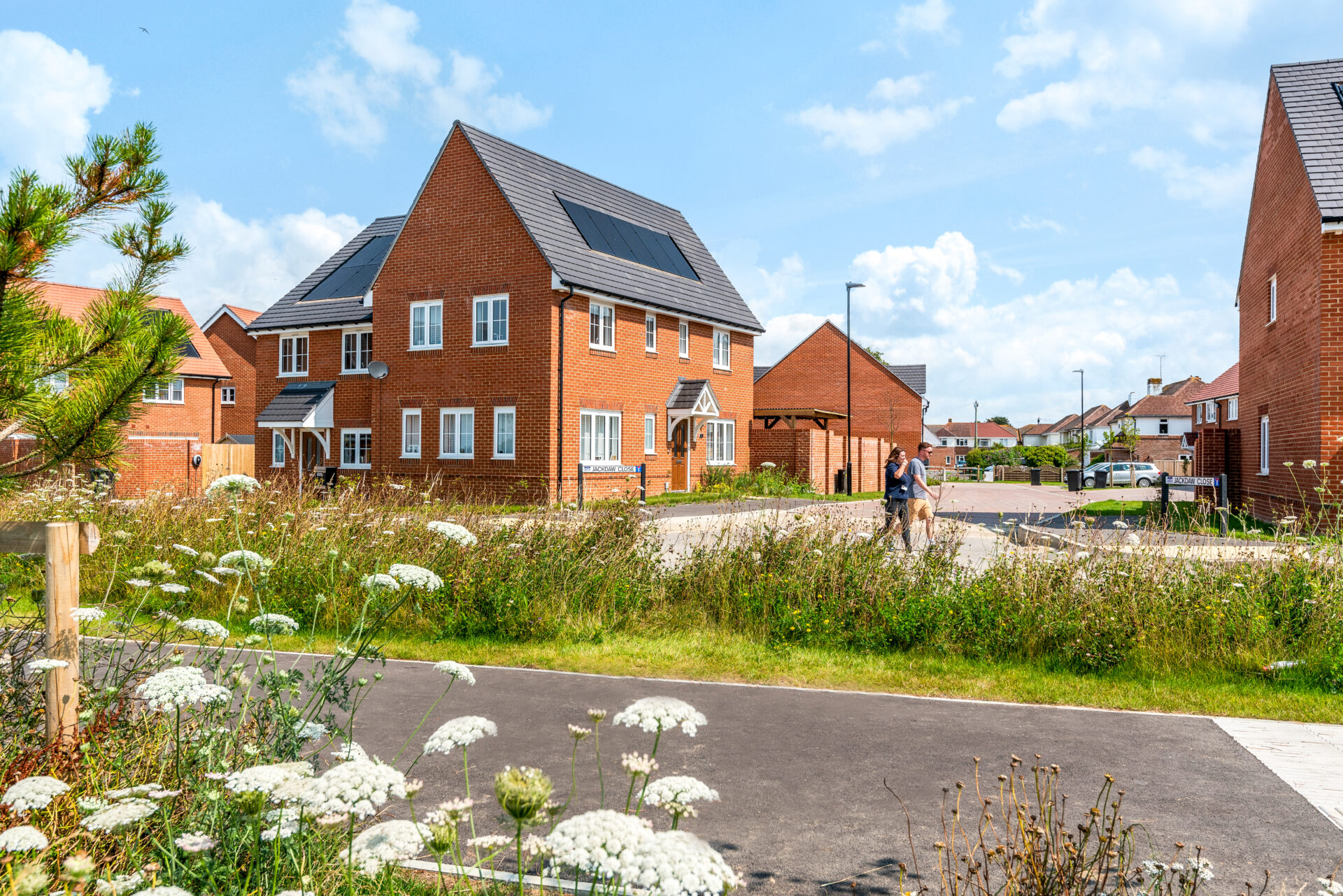 A new housing estate with grassland at the front