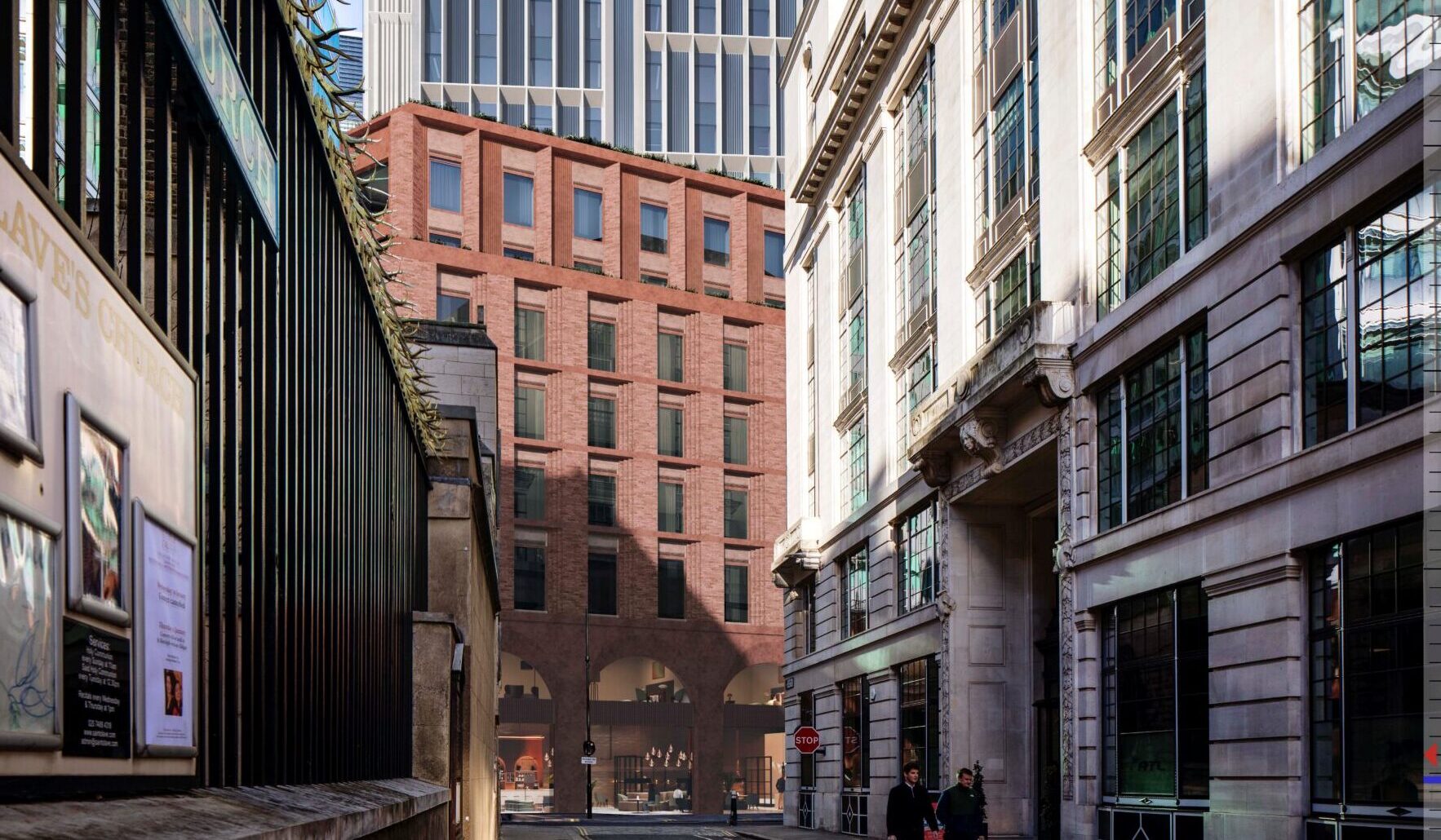 CGI of a street surrounded by a series of tall buildings on either side and in front