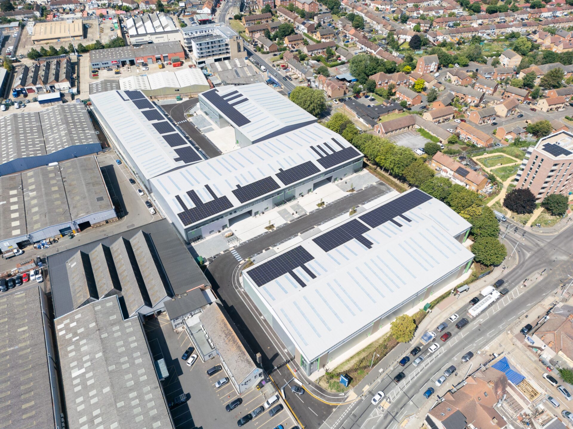 Aerial view of a series of new warehouses