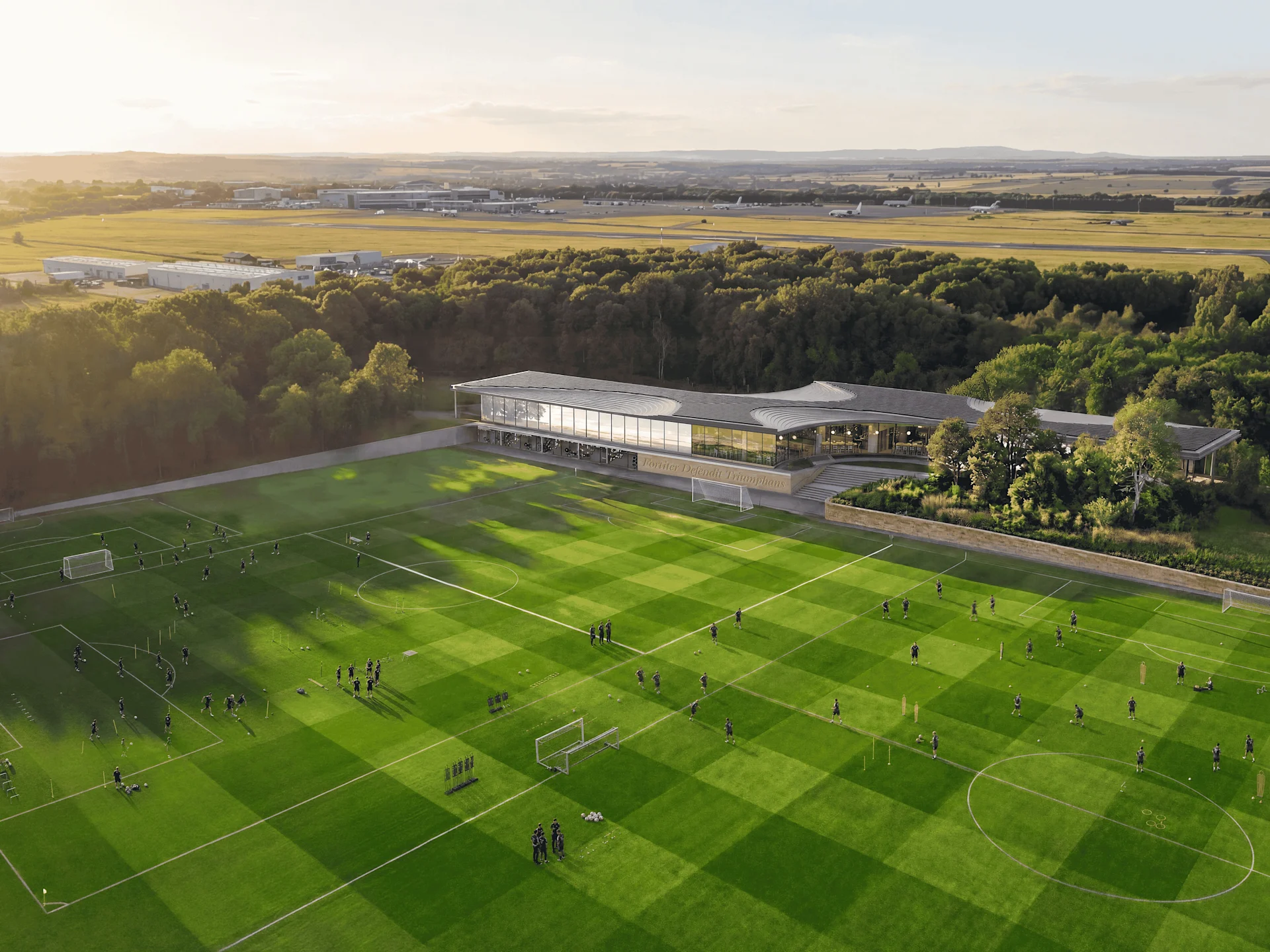 CGI aerial view of a football pitch and training complex