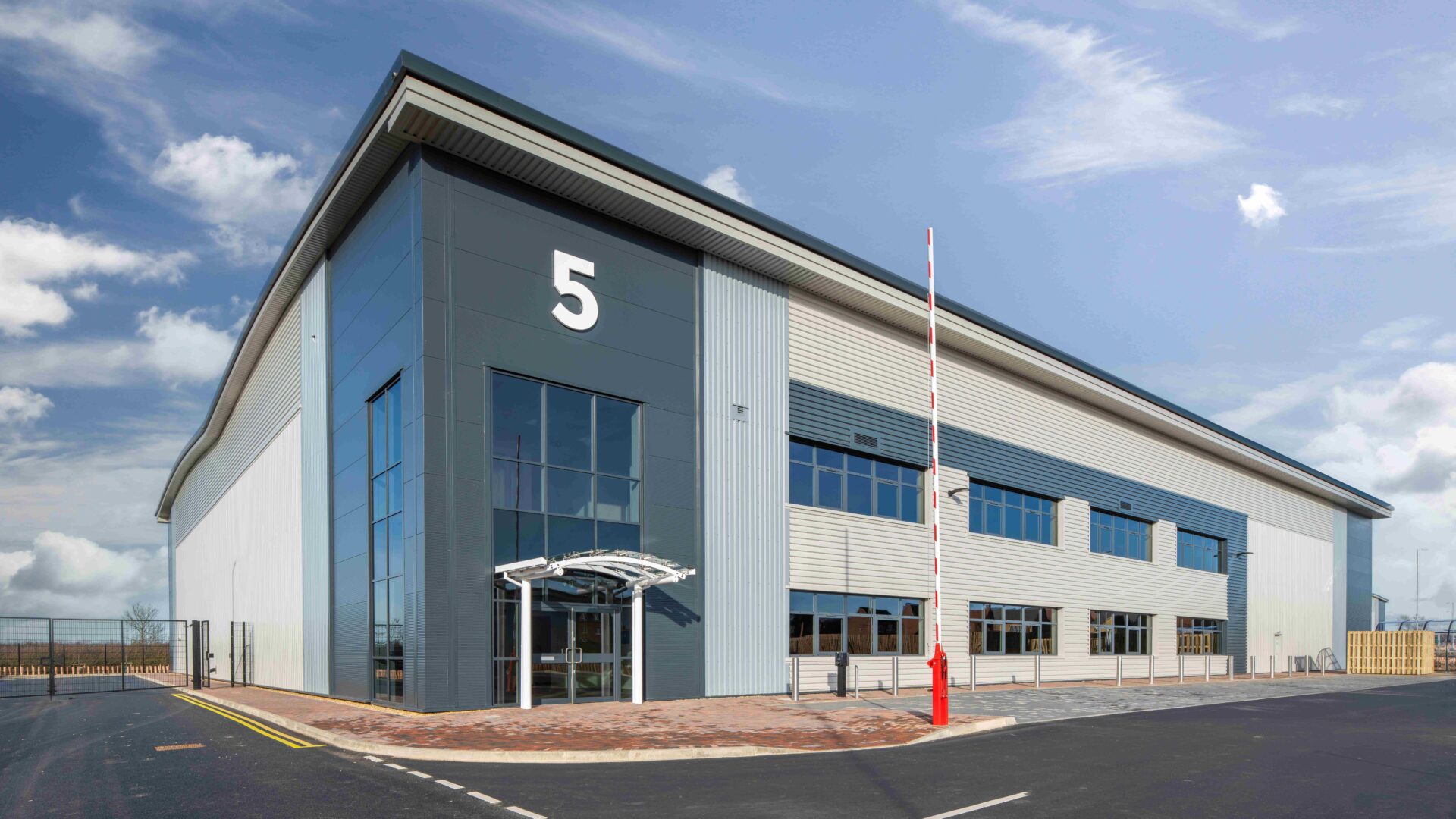 A new modern logistics unit with the number 5 on the exterior