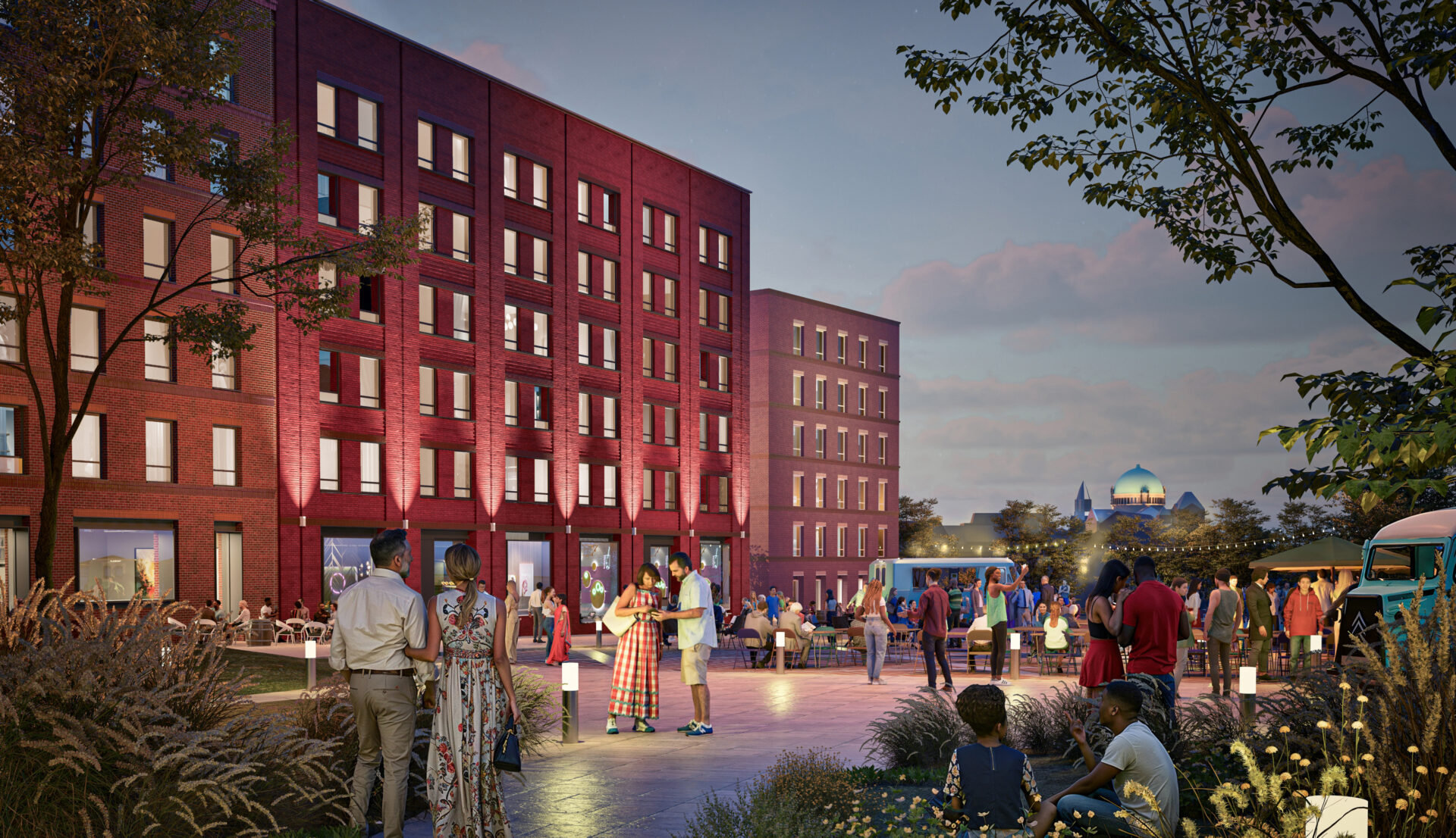 CGI of a red brick building with public realm in front featuring lots of planting and people
