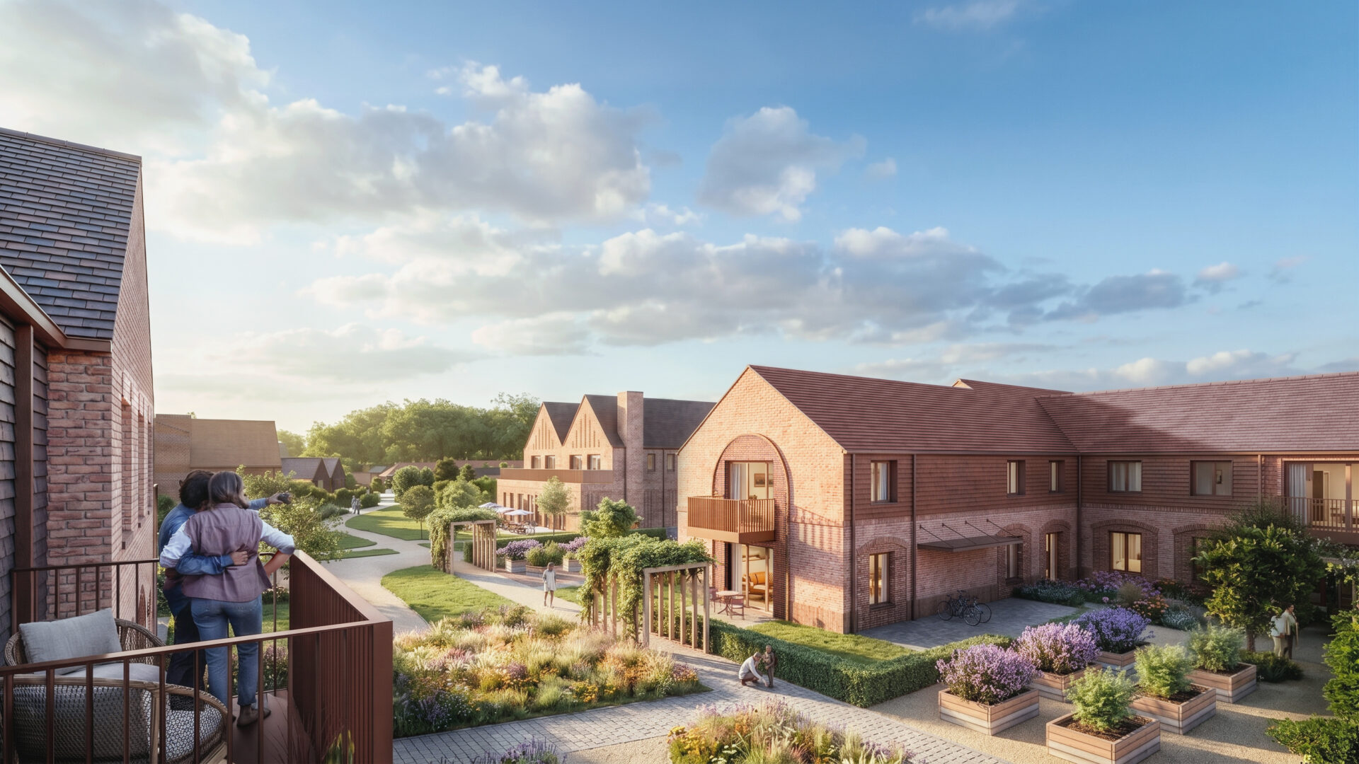 CGI of a series of low rise buildings with a large garden in the middle