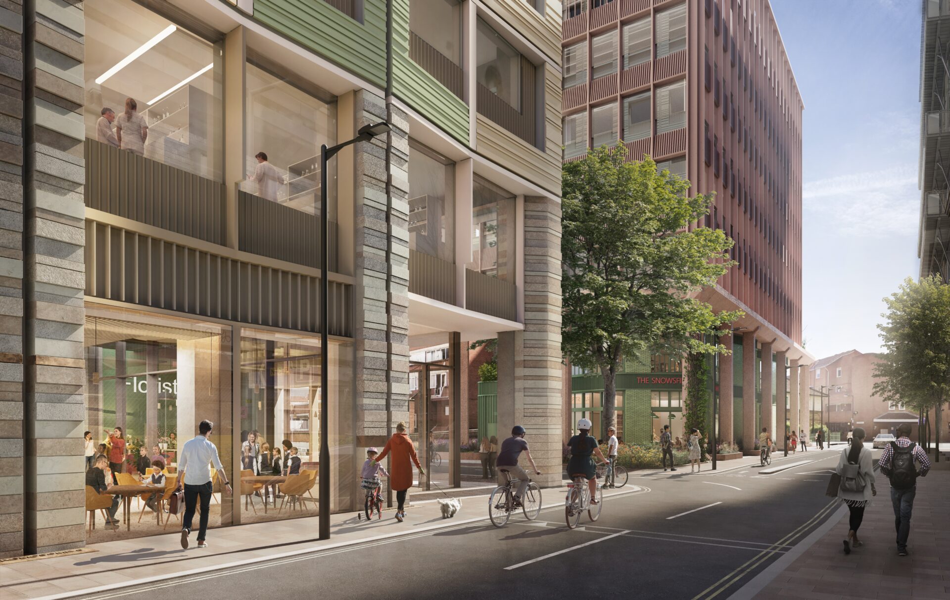 CGI image of a street featuring tall buildings and pedestrians on the footpaths