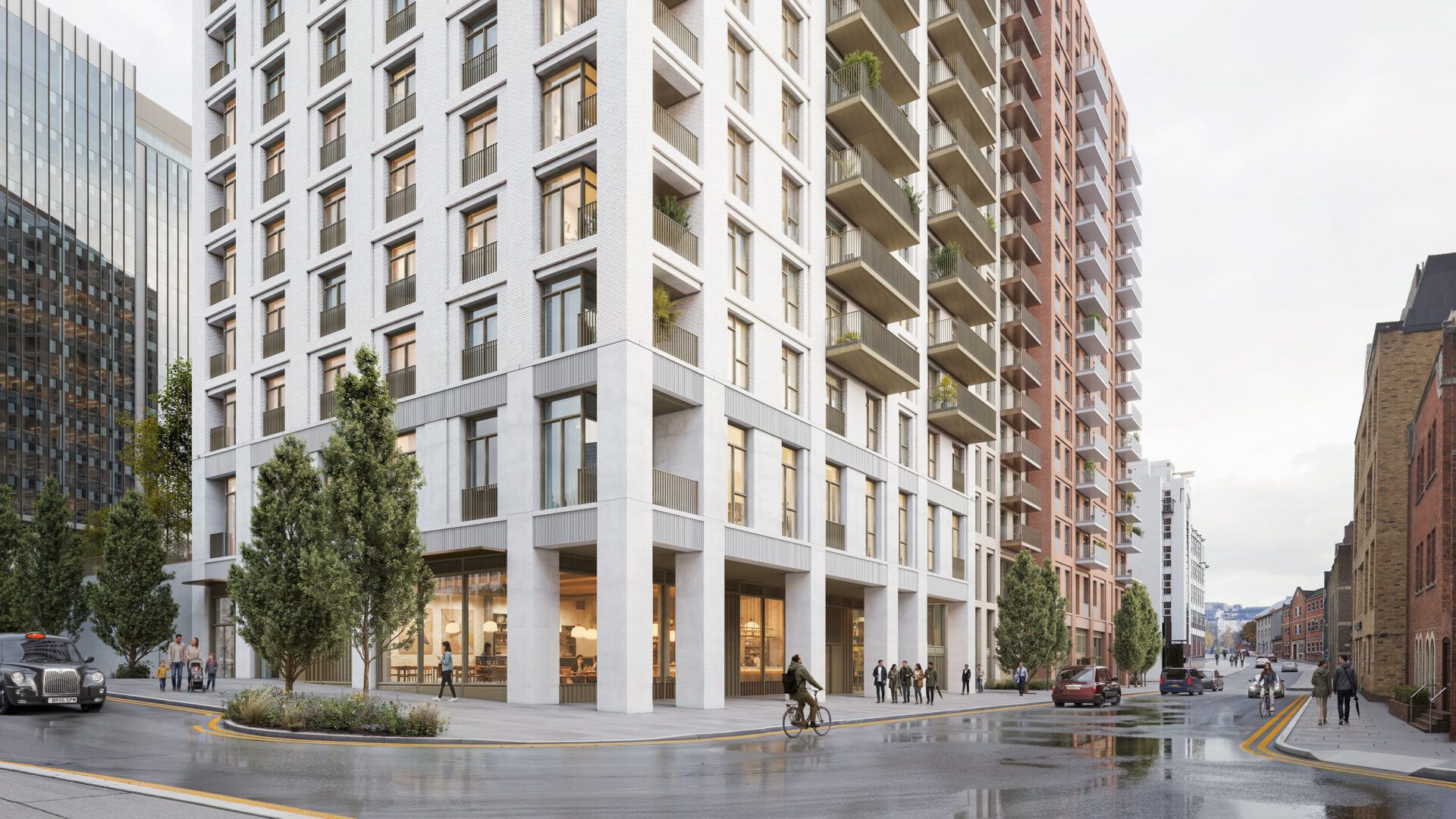 CGI of the exterior of the ground floor of a white stone high rise building with a road in front
