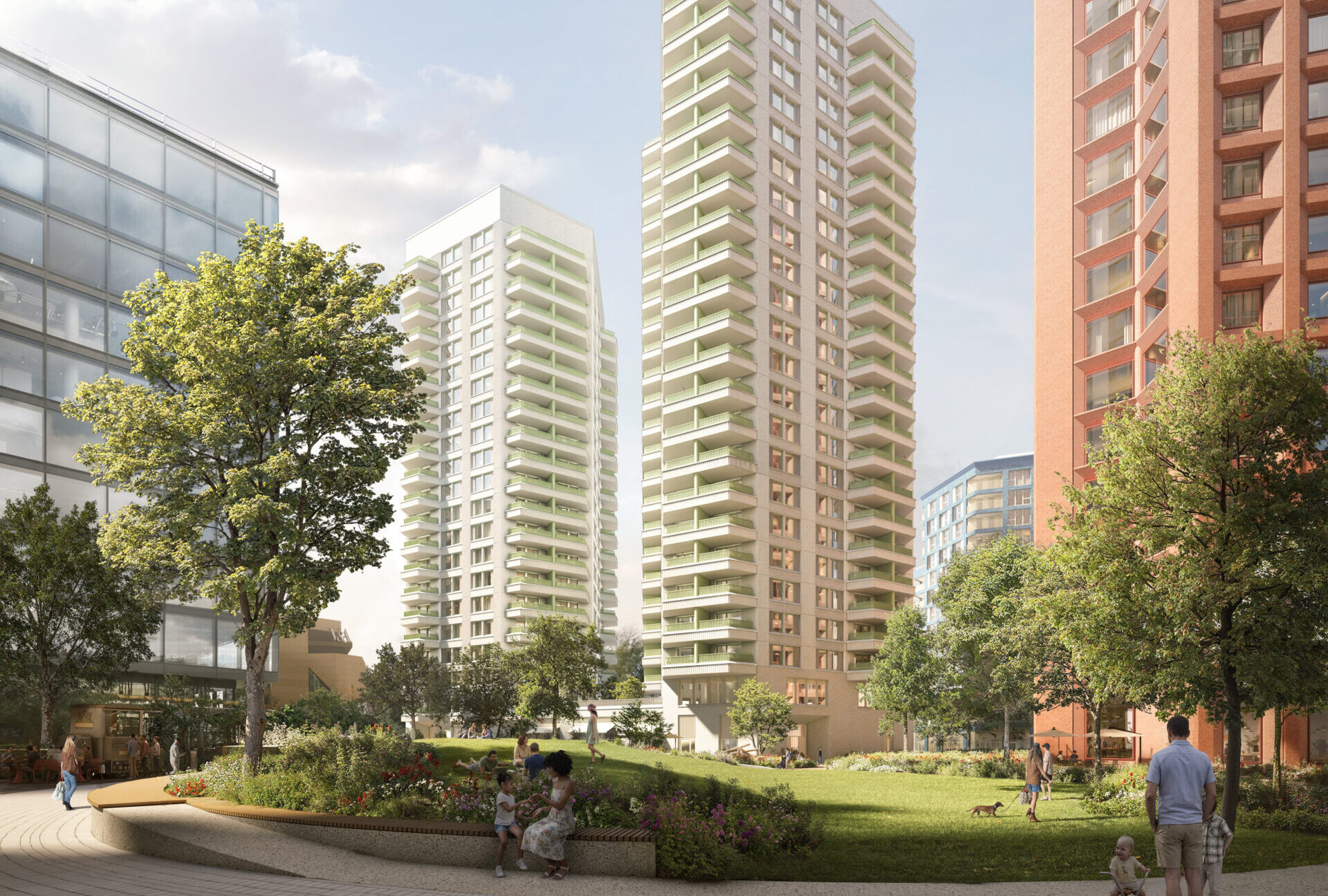 CGI of a series of tall towers with green space in front