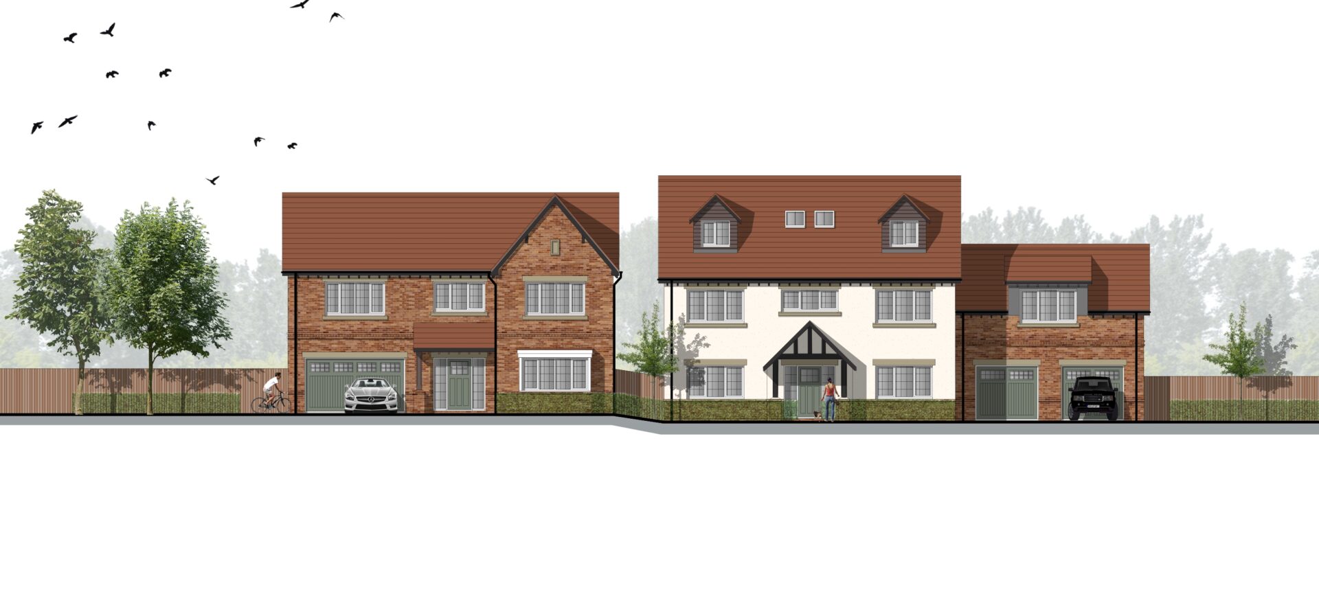 Illustration of two homes with trees and birds