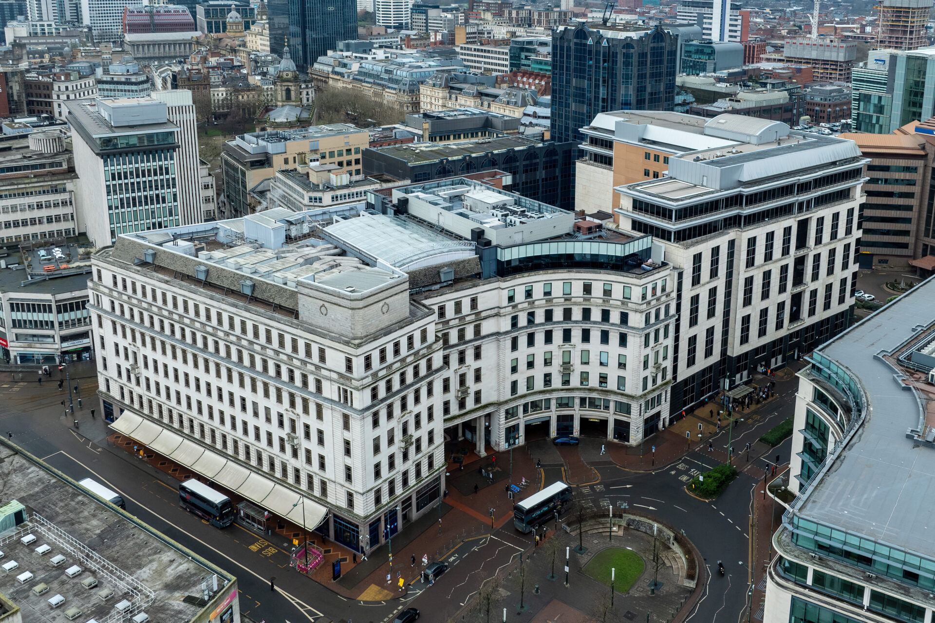 Aerial view of a large white stone built building in Birmingham city centre