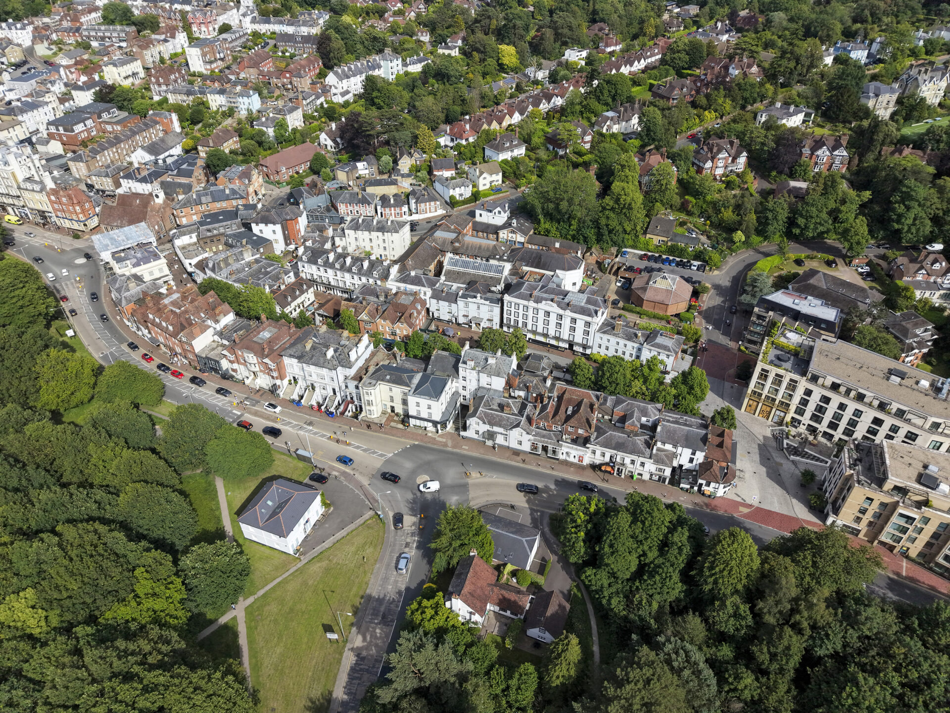 Aerial view of shops and houses in Tunbridge Wells