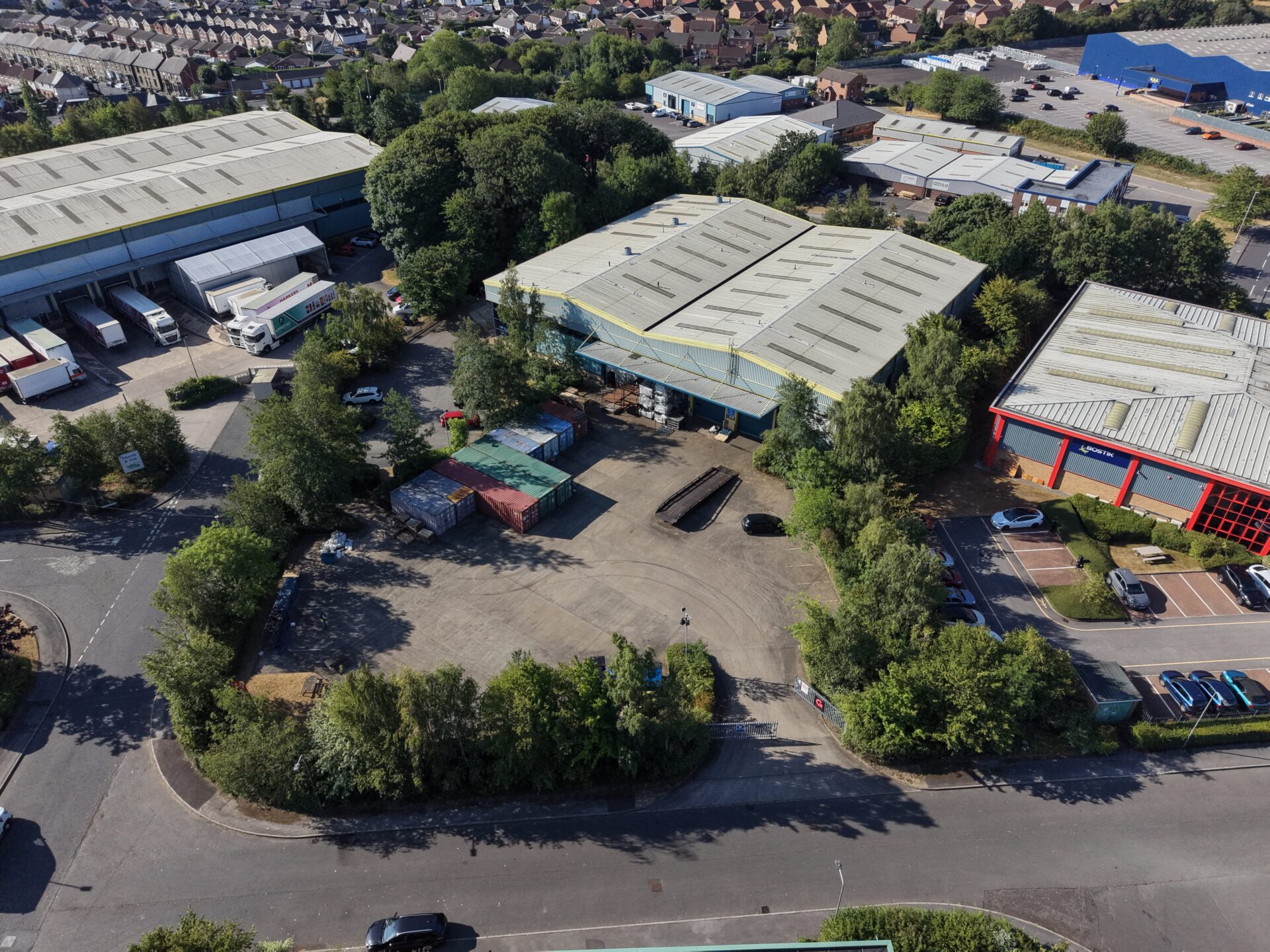 Aerial view of a series of industrial buildings