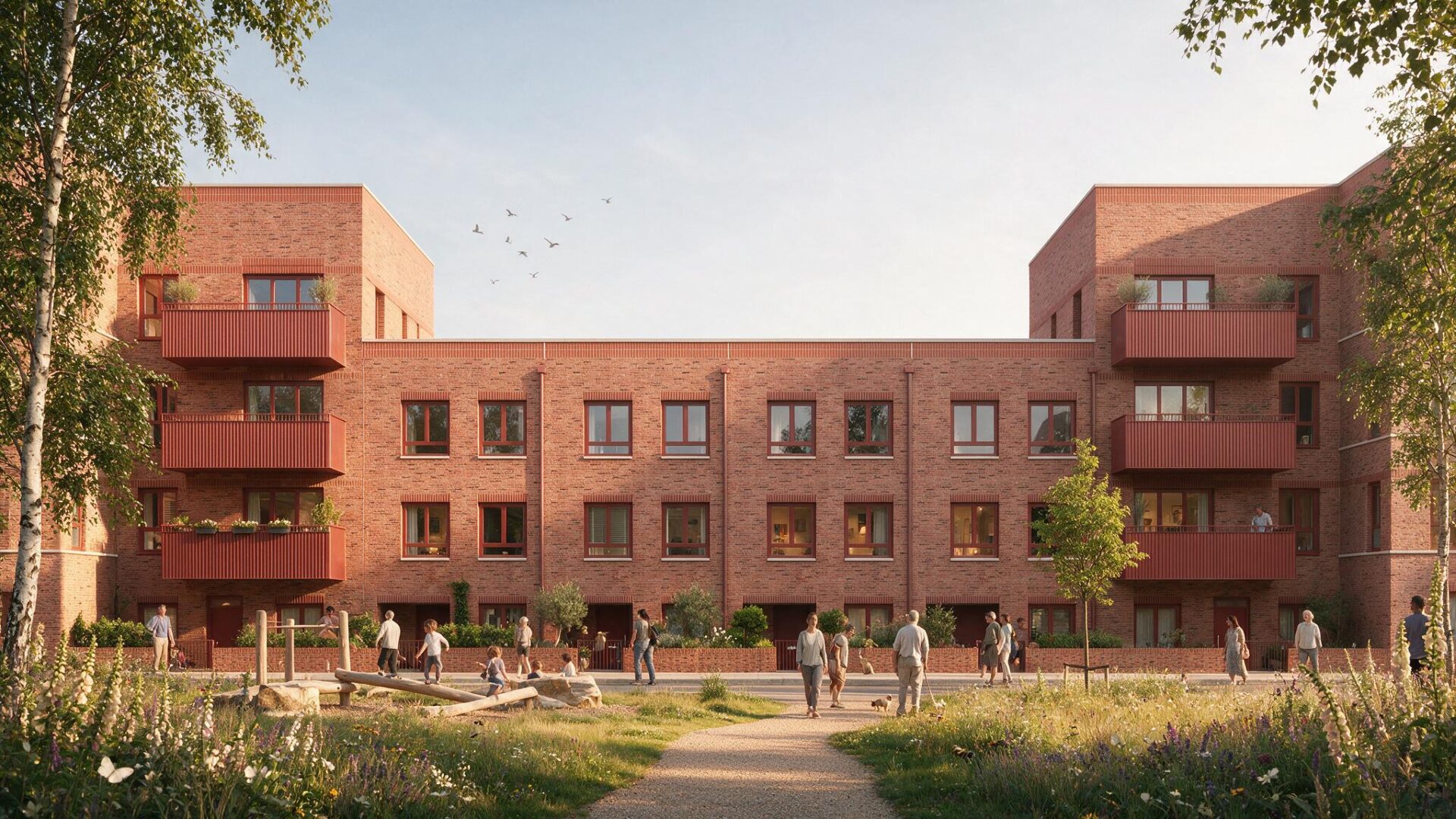 CGI of a brick built low rise residential block with green public realm