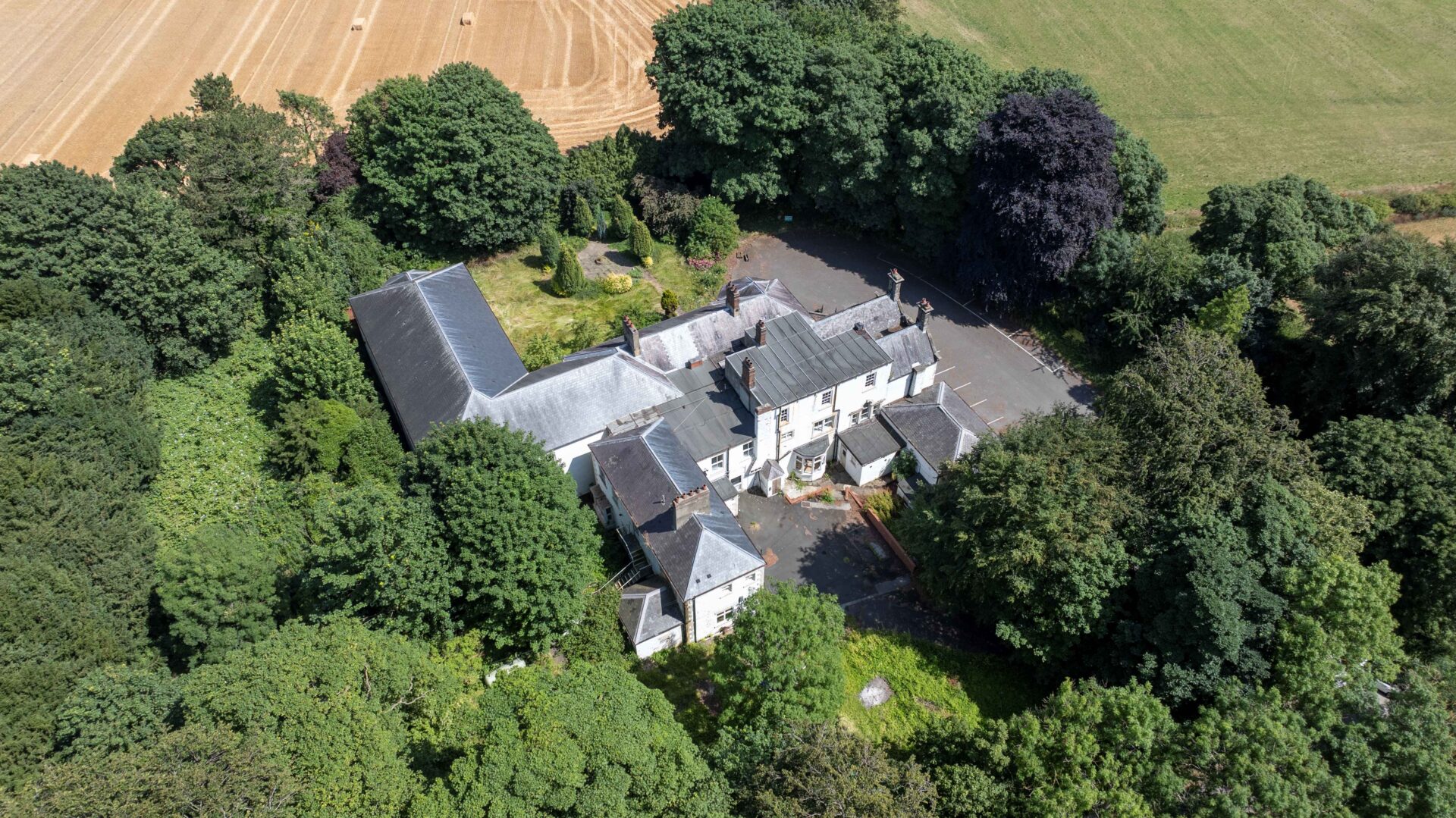 Aerial view of a series of buildings in the middle of a wooded area